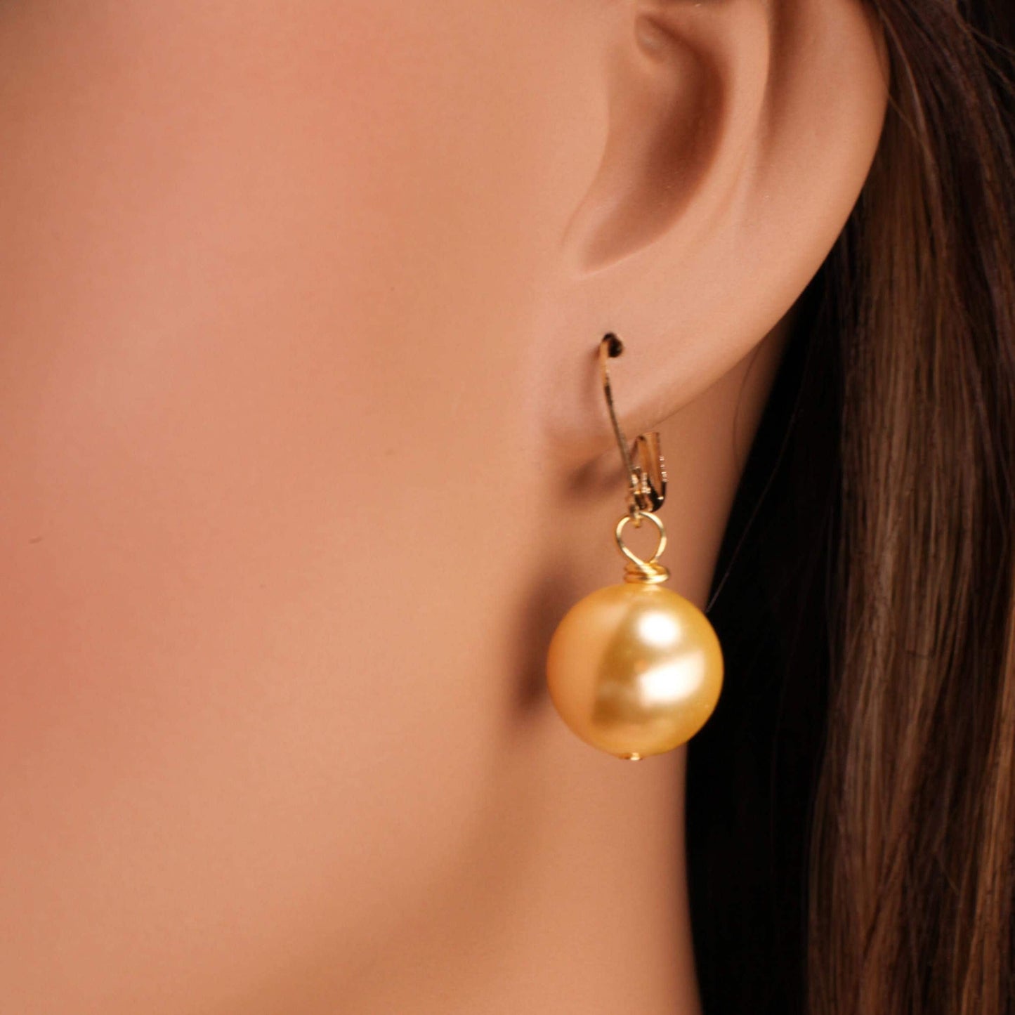 Golden Yellow South Sea Shell Pearl 14, 16mm Large High Luster in Gold Plated or 14k Gold Filled Leverback Earrings, Bridal, Gift for Her