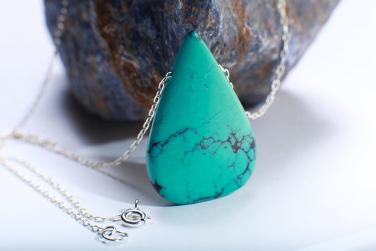 Genuine Tibetan Spiderweb Turquoise Double Sided Teardrop Gemstone Briolette Pear Shape Pendant 925 Sterling Silver Chain 18&quot; Gift For Her