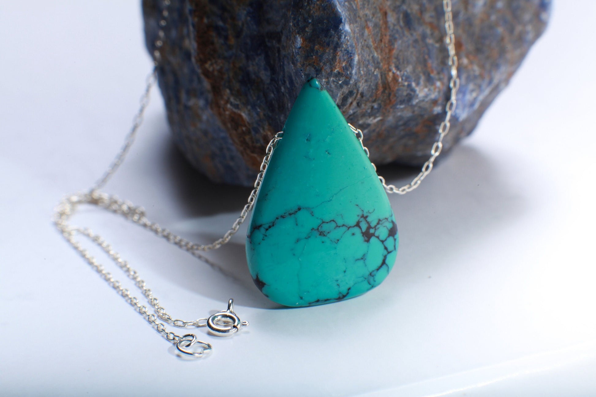 Genuine Tibetan Spiderweb Turquoise Double Sided Teardrop Gemstone Briolette Pear Shape Pendant 925 Sterling Silver Chain 18" Gift For Her
