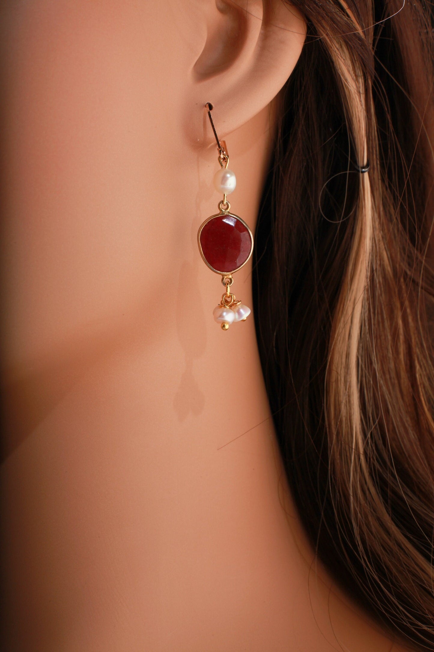 Ruby Earring Genuine Ruby Free Form Oval Bezel with Fresh Water Pearl Clusters Earrings in Gold Ear Wire, Valentine, Bridesmaid,Gift for her