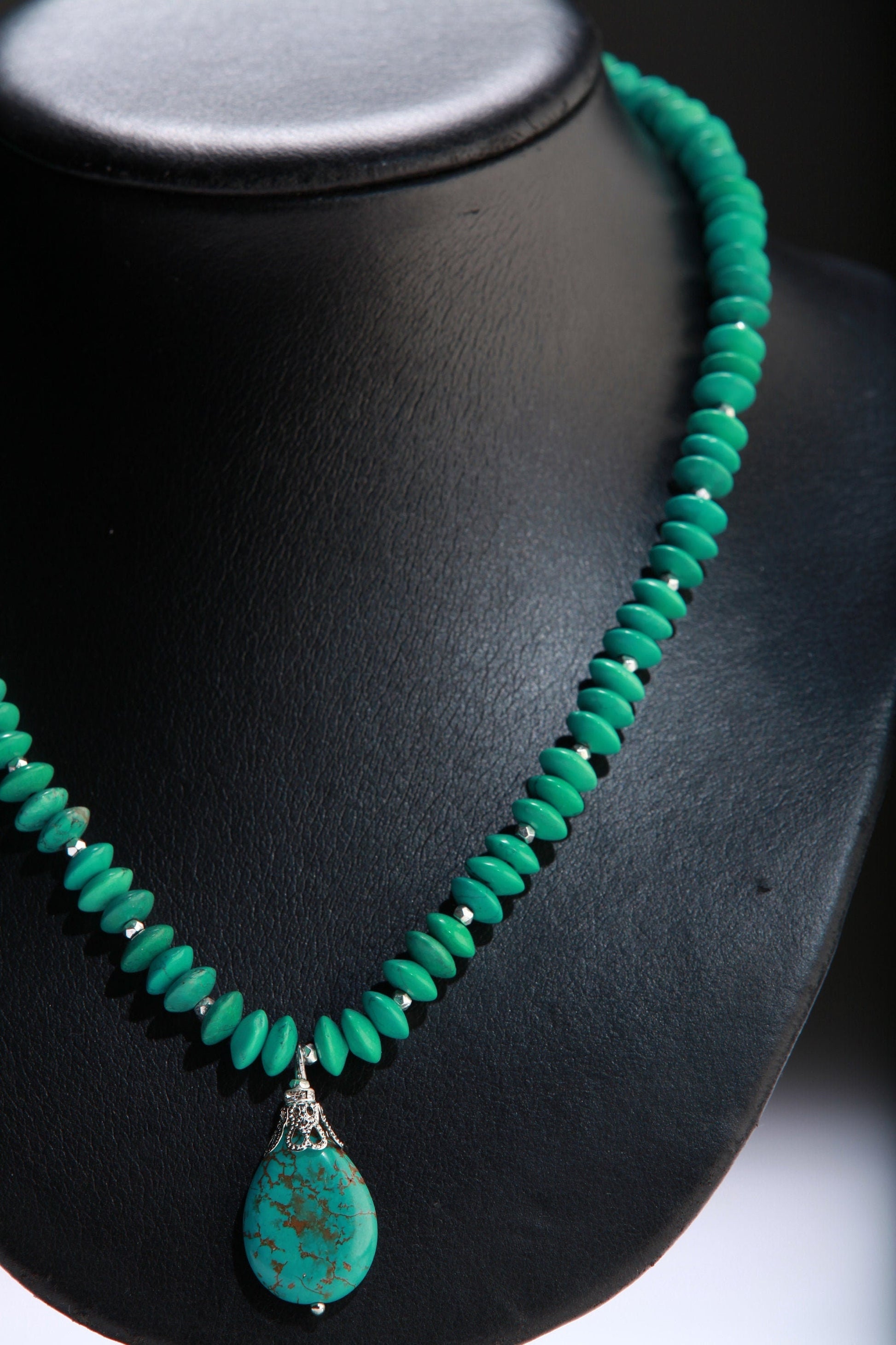 Turquoise Necklace, Natural Tibetan Turquoise 8mm Lentil with Stunning Turquoise Focal Bead Statement Native Southwestern Necklace 19.25"