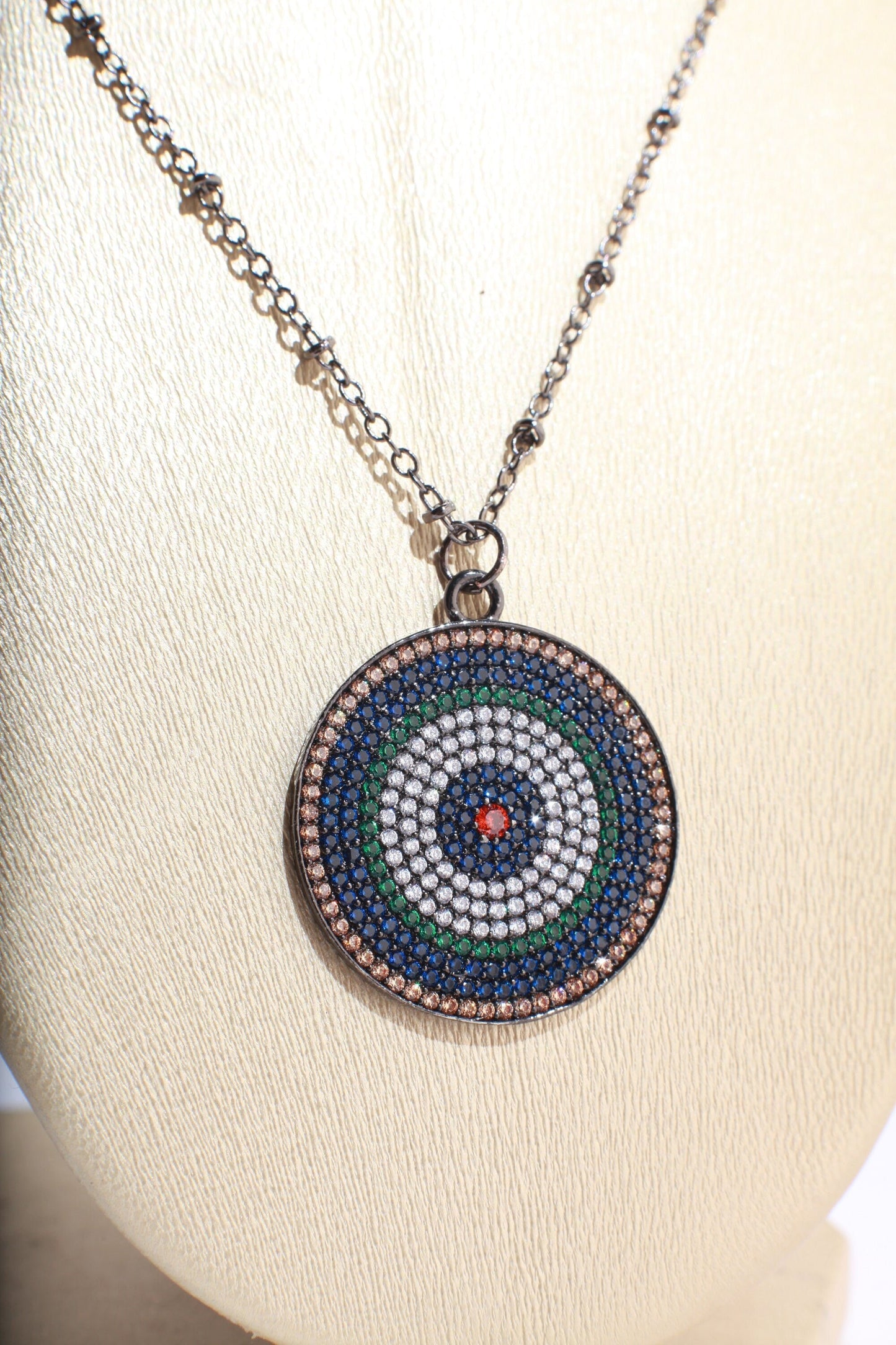 Cubic Zirconia Micro Pave Diamond Style Large Evil Eye Pendant with Silver Oxidized Necklace, Available in 16&quot;,18&quot;,20&quot;, 22&quot; and 24&quot;