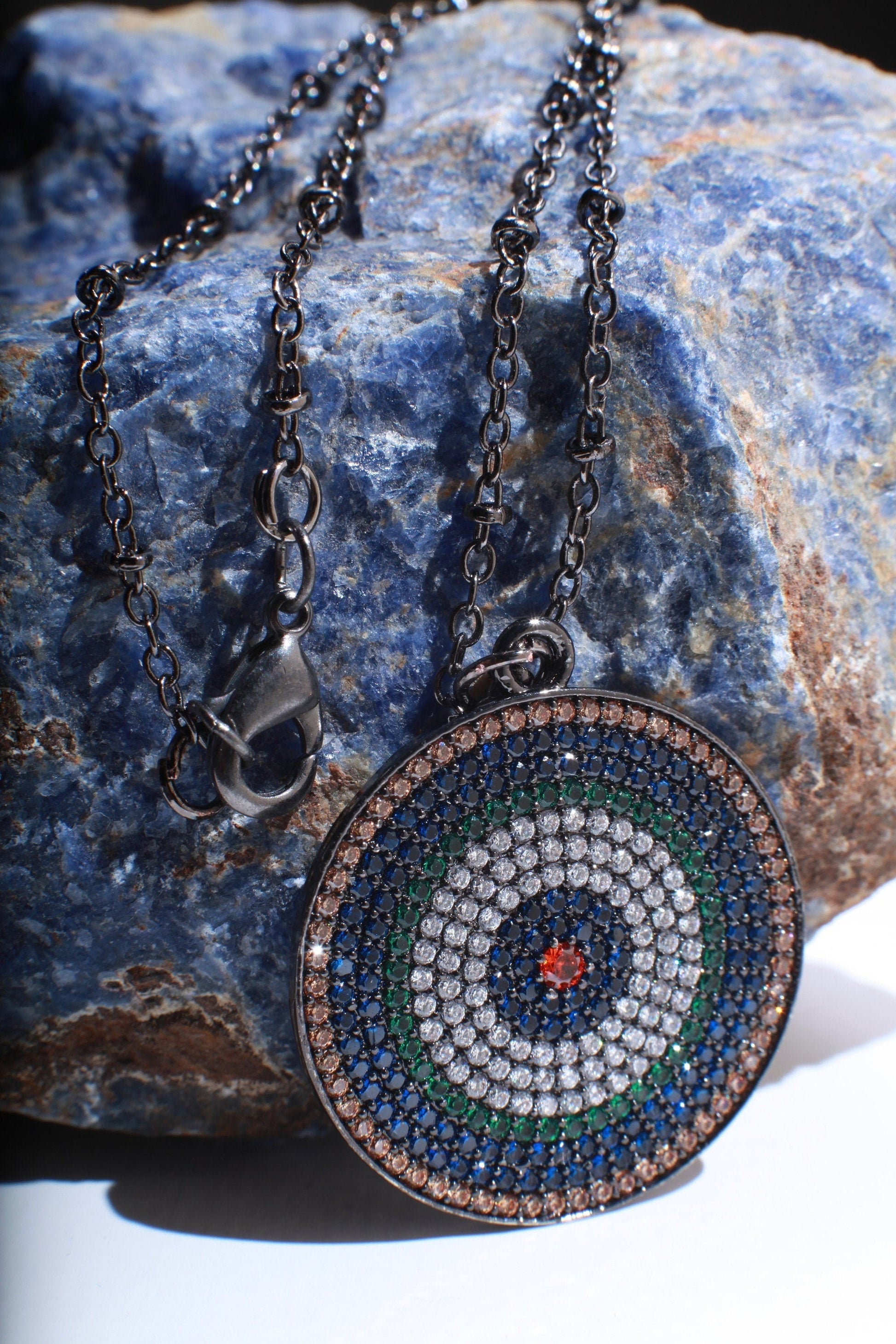Cubic Zirconia Micro Pave Diamond Style Large Evil Eye Pendant with Silver Oxidized Necklace, Available in 16",18",20", 22" and 24"