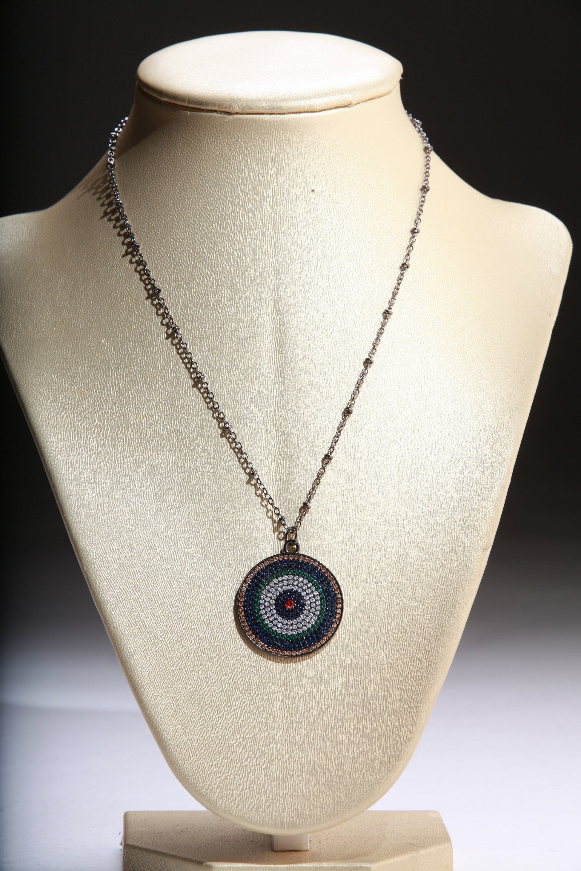 Cubic Zirconia Micro Pave Diamond Style Large Evil Eye Pendant with Silver Oxidized Necklace, Available in 16&quot;,18&quot;,20&quot;, 22&quot; and 24&quot;