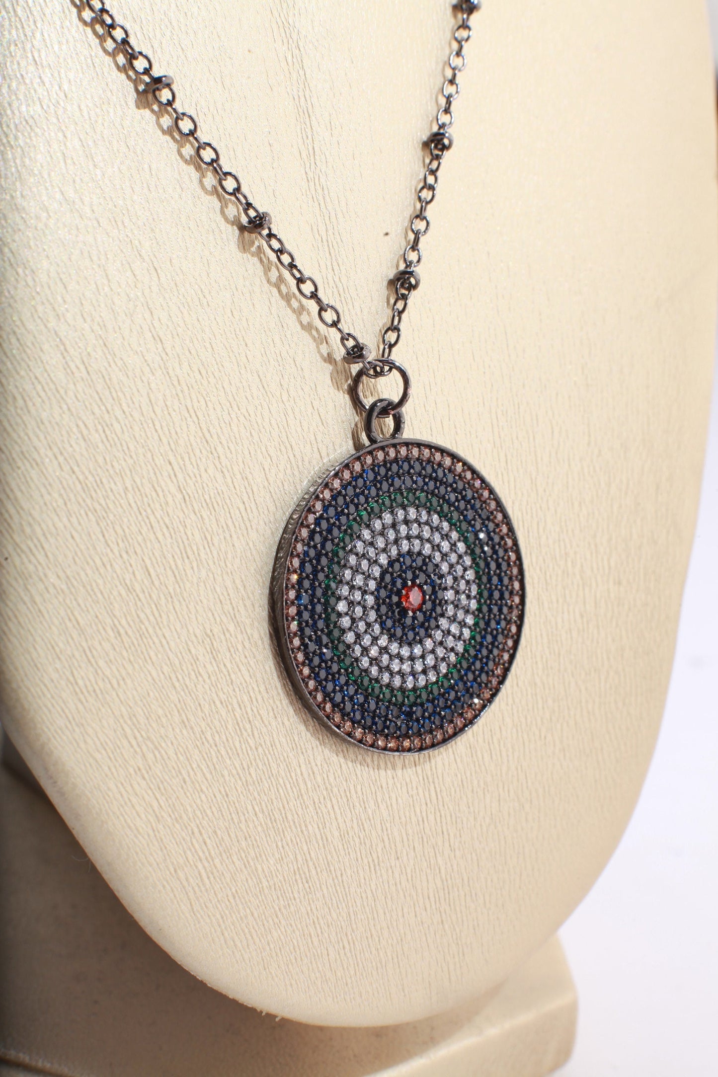 Cubic Zirconia Micro Pave Diamond Style Large Evil Eye Pendant with Silver Oxidized Necklace, Available in 16",18",20", 22" and 24"