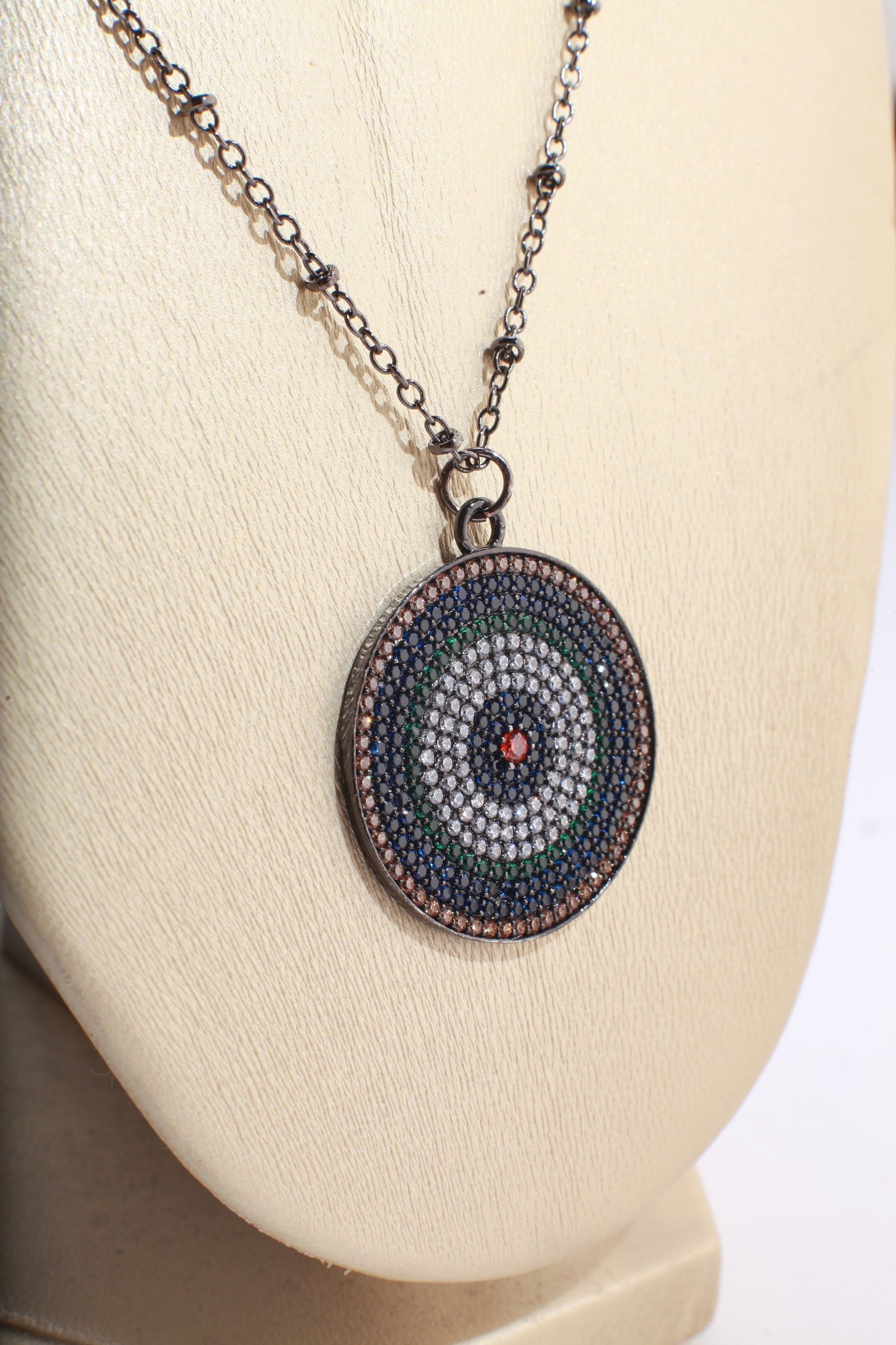 Cubic Zirconia Micro Pave Diamond Style Large Evil Eye Pendant with Silver Oxidized Necklace, Available in 16",18",20", 22" and 24"