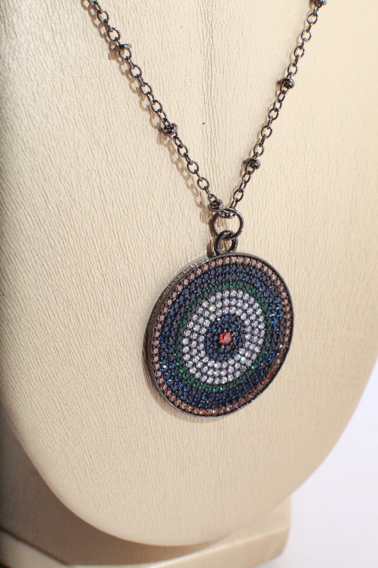 Cubic Zirconia Micro Pave Diamond Style Large Evil Eye Pendant with Silver Oxidized Necklace, Available in 16",18",20", 22" and 24"