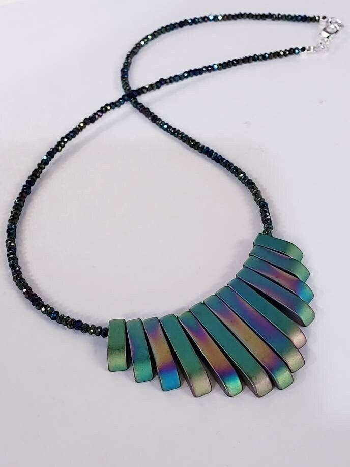 Titanium Hematite matte Graduated Stick double side wearable 2 different shaded color in both side, silver Necklace, 14 to 24&quot; choice.