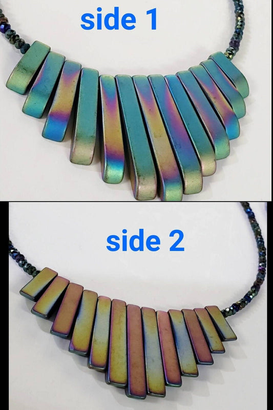 Titanium Hematite matte Graduated Stick double side wearable 2 different shaded color in both side, silver Necklace, 14 to 24&quot; choice.