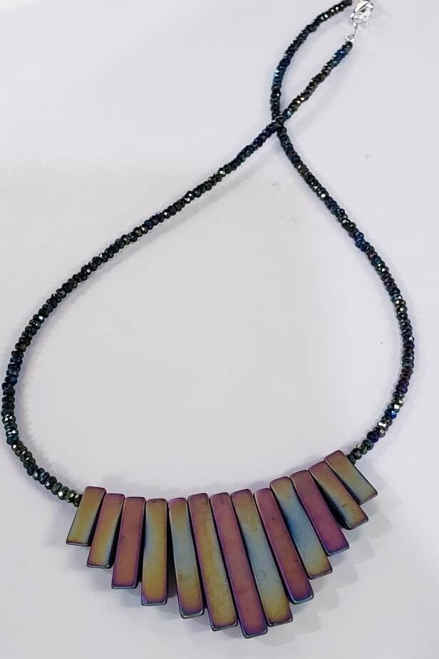 Titanium Hematite matte Graduated Stick double side wearable 2 different shaded color in both side, silver Necklace, 14 to 24&quot; choice.