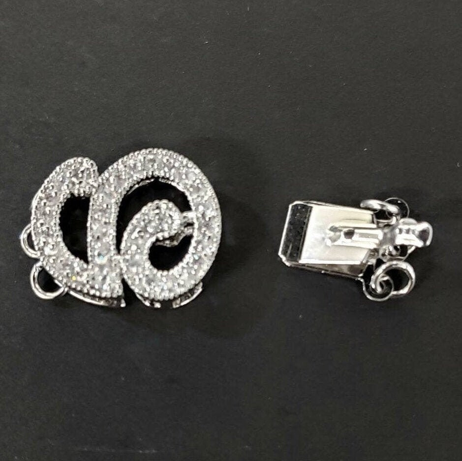 Cubic Zirconia CZ Micro Pave 3 Loop Diamond Style 15×20mm Rhodium Sterling Silver Fancy Clasp, Pearl Clasp, High End Jewelry Clasp