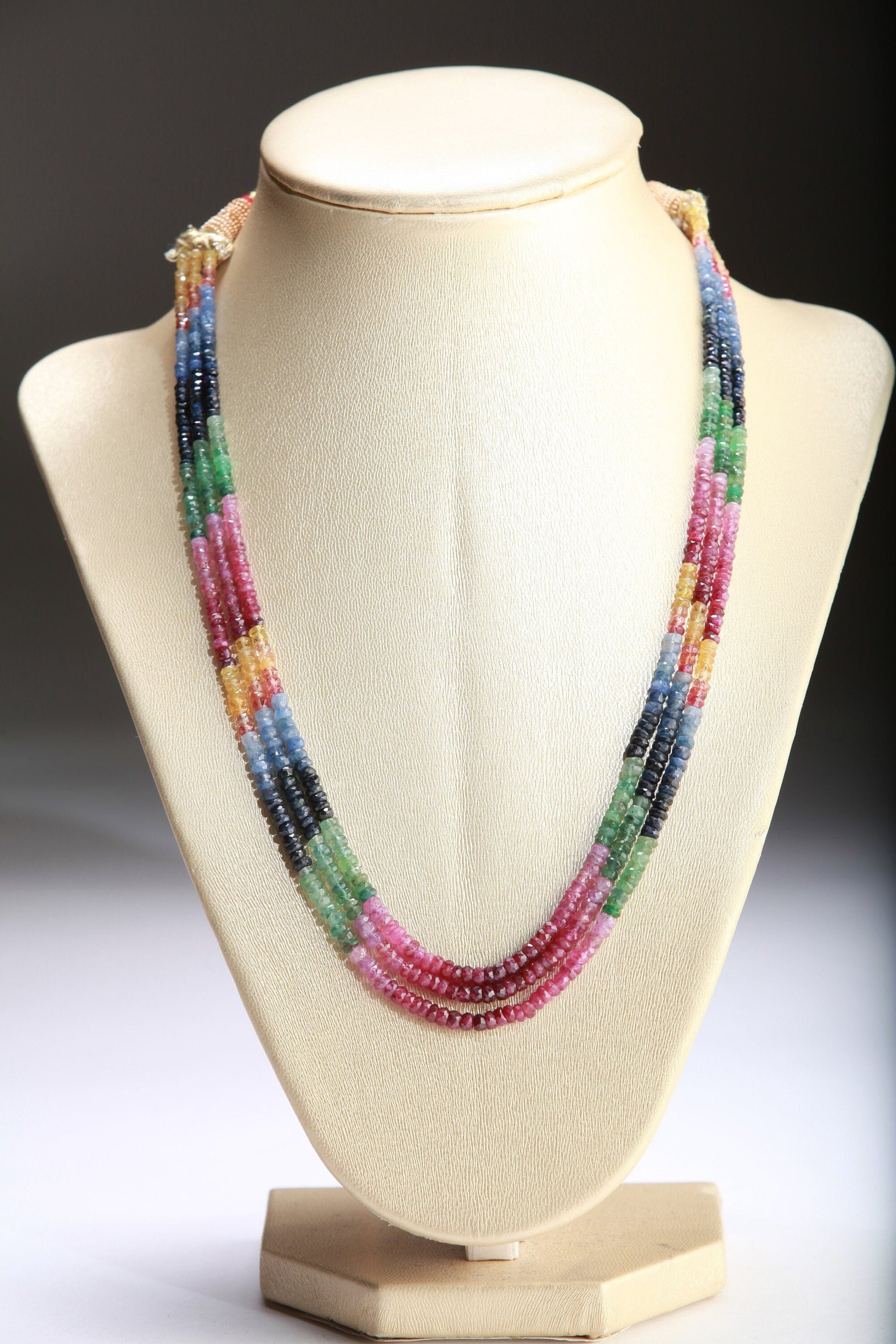 Genuine Multi Sapphire Shaded Gemstones Faceted Roundel 3 Line Layer Adjustable Necklace 15&quot;