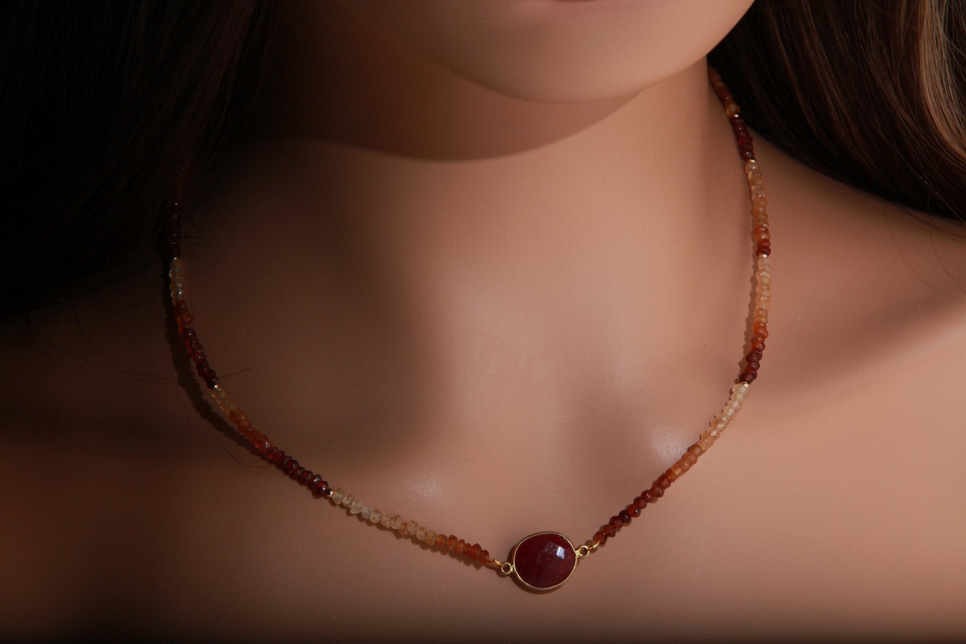 Ruby Necklace, Genuine Hessonite Garnet Faceted Rondel, Ruby Gold Bezel in 14K Gold Filled Spacers & Clasp, 16&quot; Necklace, Gift For Her