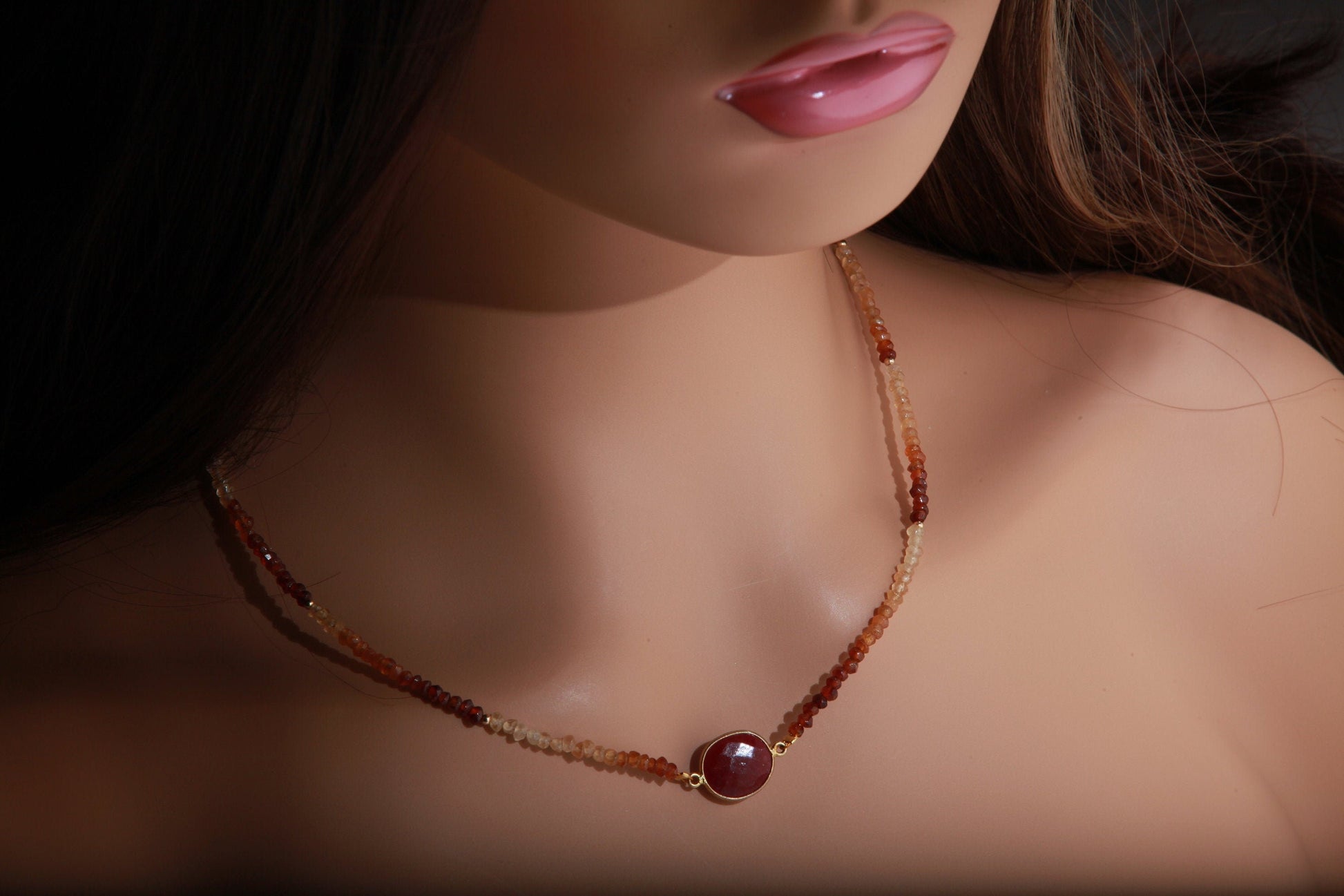 Ruby Necklace, Genuine Hessonite Garnet Faceted Rondel, Ruby Gold Bezel in 14K Gold Filled Spacers & Clasp, 16" Necklace, Gift For Her