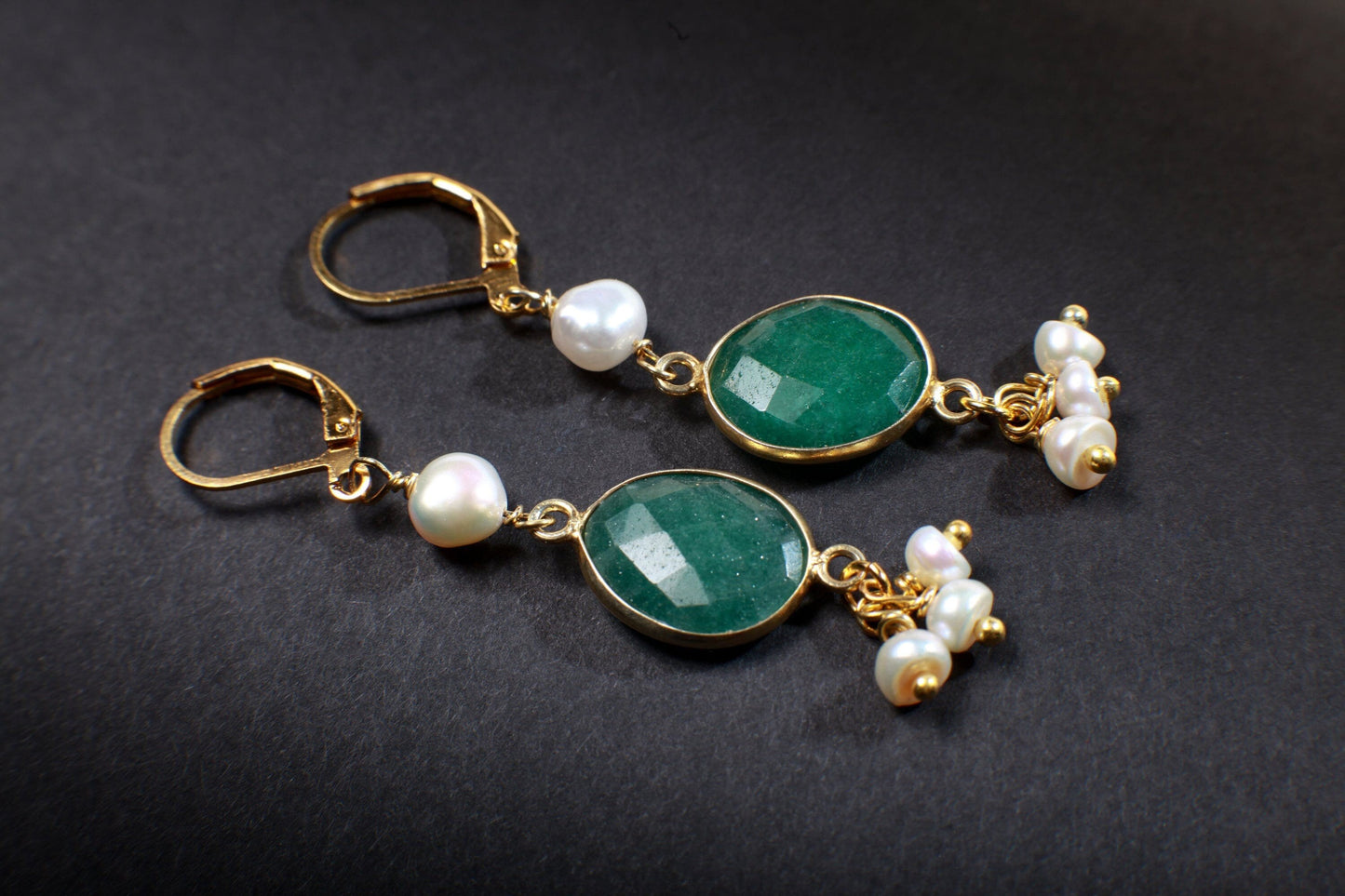 Emerald Earrings Free Form Gold Bezel with Fresh Water Pearl Clusters Earrings in Gold Ear Wire,Valentine, Bridesmaid, Handmade Gift for her