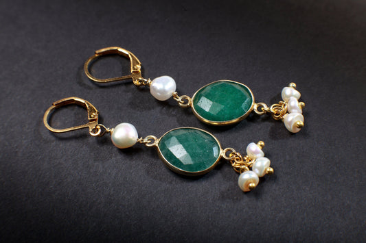 Emerald Earrings Free Form Gold Bezel with Fresh Water Pearl Clusters Earrings in Gold Ear Wire,Valentine, Bridesmaid, Handmade Gift for her