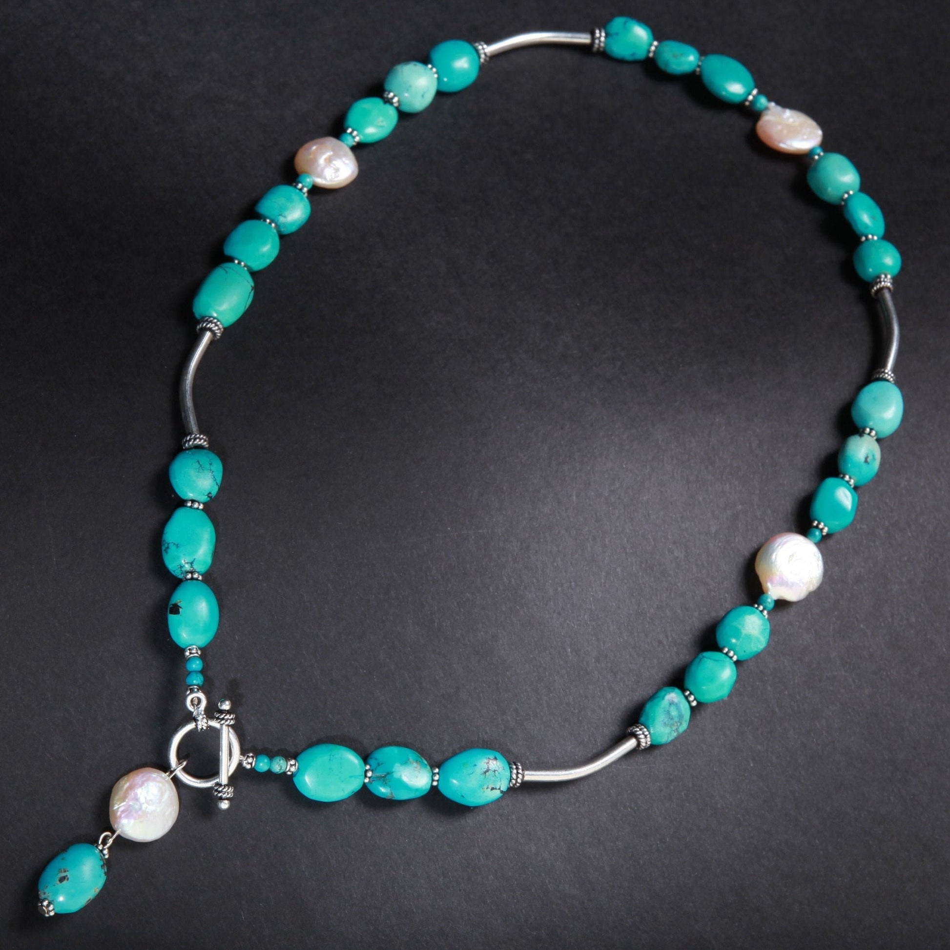 Natural Tibetan Turquoise Free Form Pebble Nugget, Freshwater Pearl Coin Pearl, Bali Sterling Silver Tube, Spacer, Toggle Clasp 20&quot; Necklace