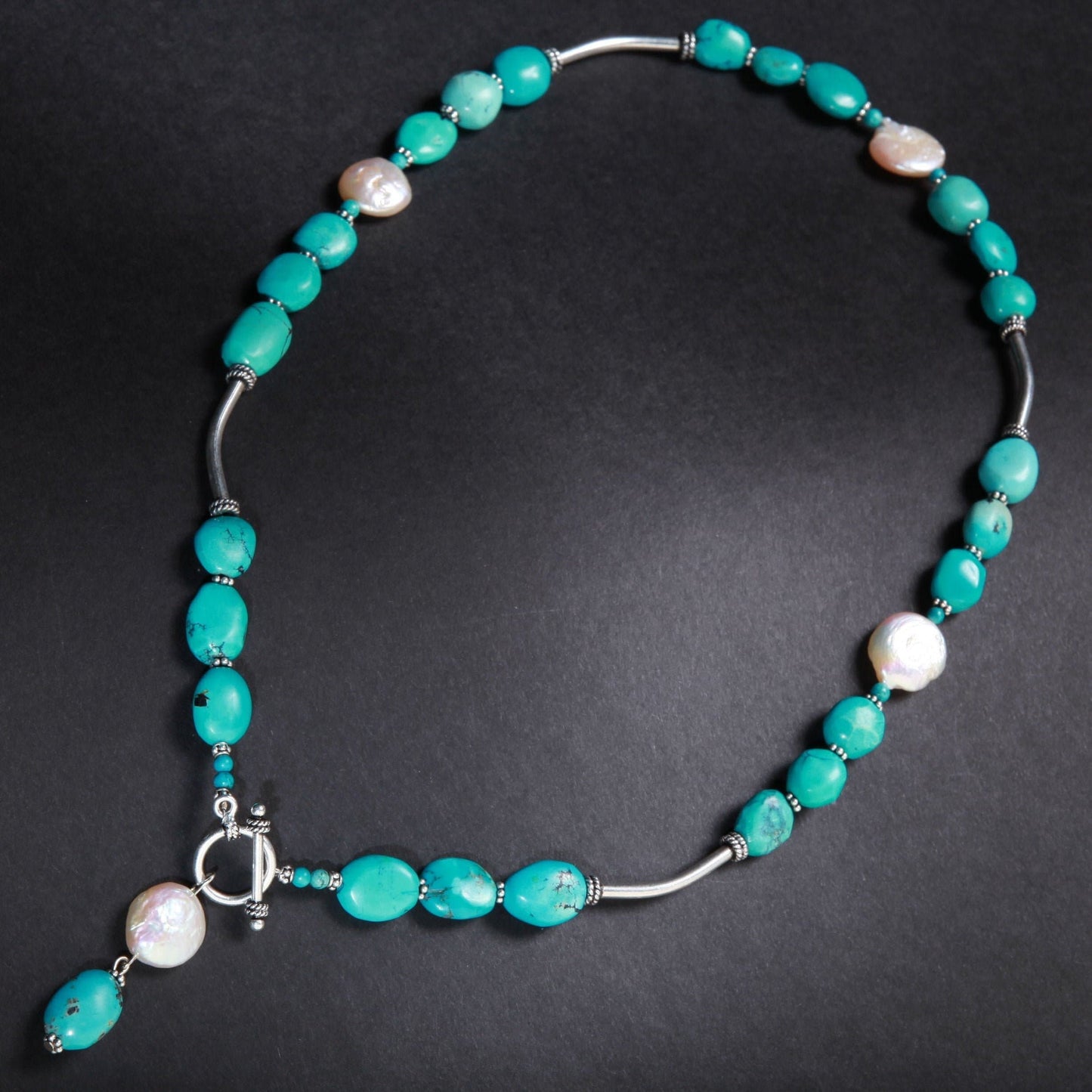 Natural Tibetan Turquoise Free Form Pebble Nugget, Freshwater Pearl Coin Pearl, Bali Sterling Silver Tube, Spacer, Toggle Clasp 20" Necklace