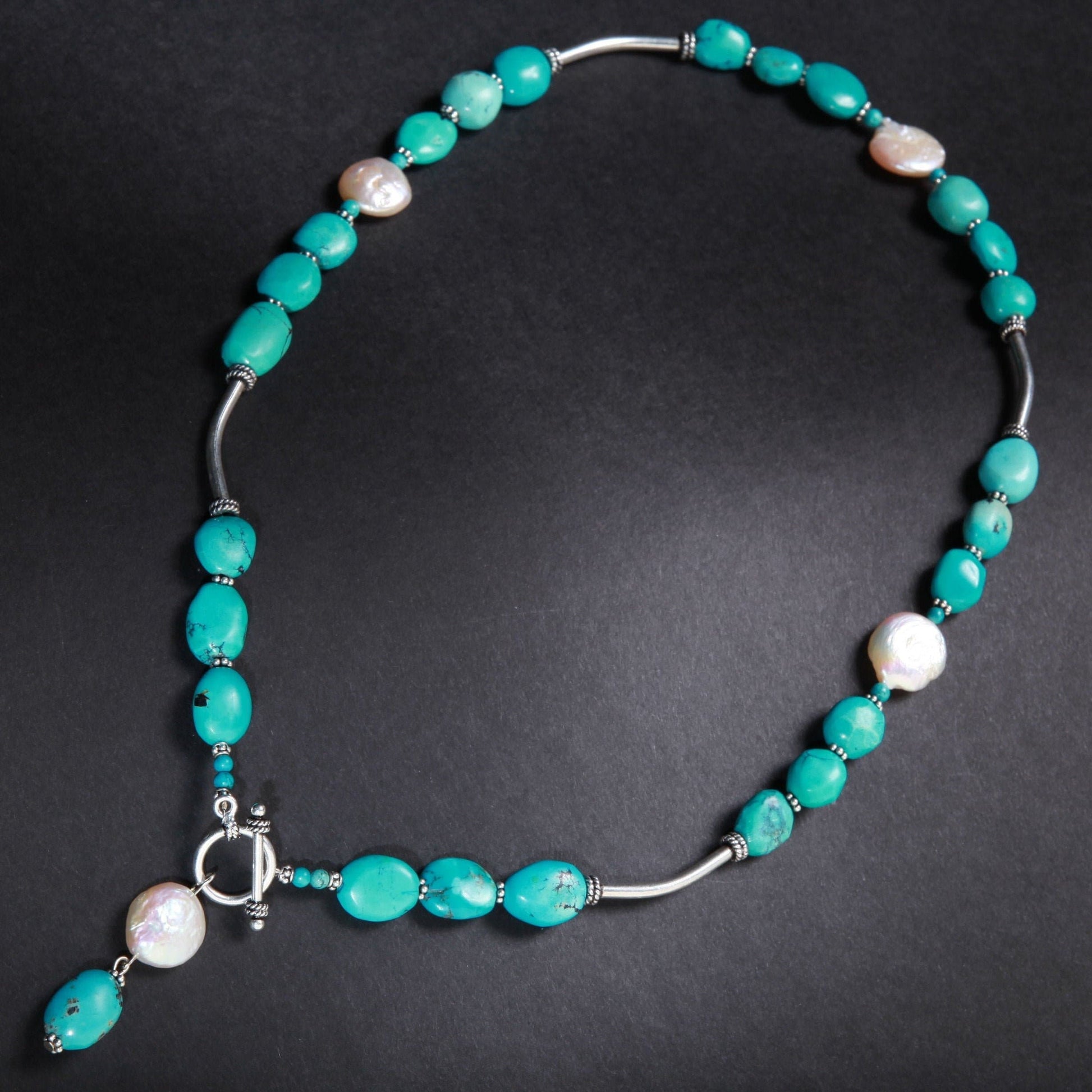 Natural Tibetan Turquoise Free Form Pebble Nugget, Freshwater Pearl Coin Pearl, Bali Sterling Silver Tube, Spacer, Toggle Clasp 20" Necklace