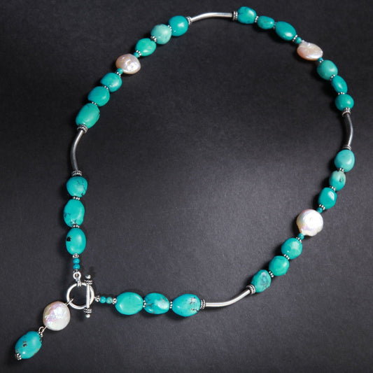 Natural Tibetan Turquoise Free Form Pebble Nugget, Freshwater Pearl Coin Pearl, Bali Sterling Silver Tube, Spacer, Toggle Clasp 20" Necklace