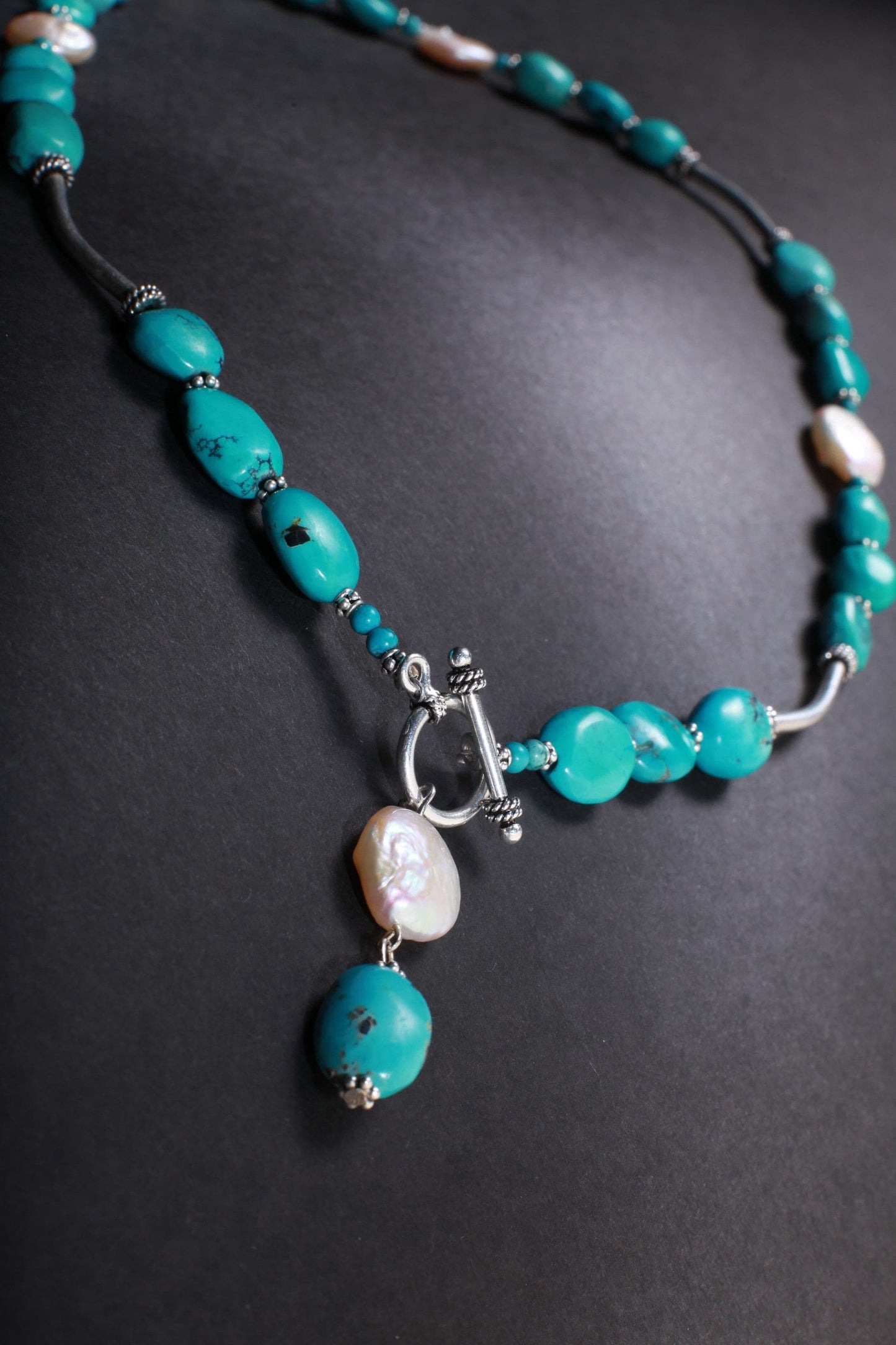 Natural Tibetan Turquoise Free Form Pebble Nugget, Freshwater Pearl Coin Pearl, Bali Sterling Silver Tube, Spacer, Toggle Clasp 20" Necklace