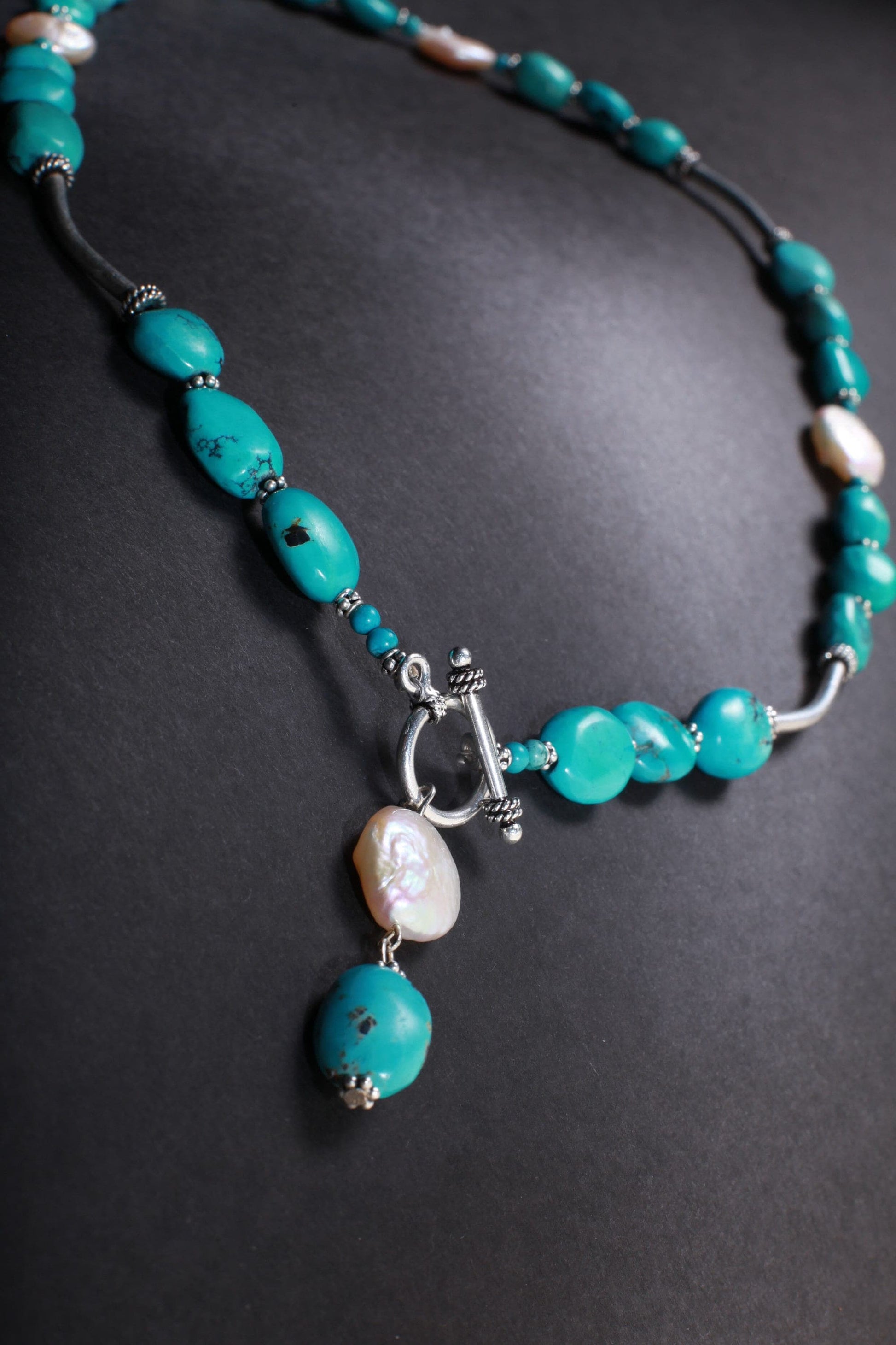 Natural Tibetan Turquoise Free Form Pebble Nugget, Freshwater Pearl Coin Pearl, Bali Sterling Silver Tube, Spacer, Toggle Clasp 20" Necklace