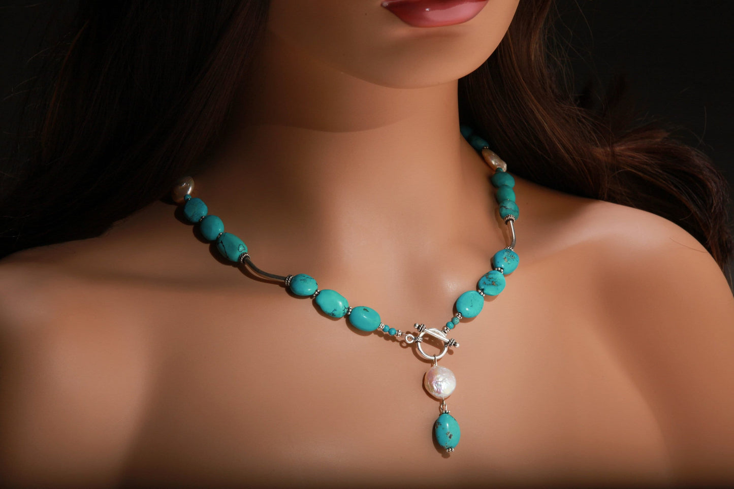 Natural Tibetan Turquoise Free Form Pebble Nugget, Freshwater Pearl Coin Pearl, Bali Sterling Silver Tube, Spacer, Toggle Clasp 20" Necklace