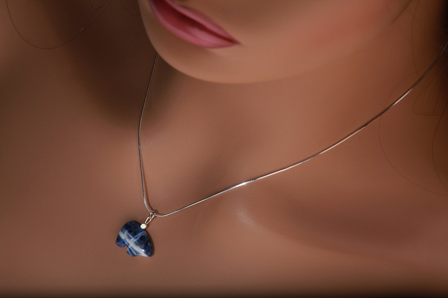 Sodalite Zuni Bear Earrings Necklace, Natural Brazilian Sodalite Zuni Bear Gemstone Necklace and Earrings Set Vintage Sterling Silver 16&quot;