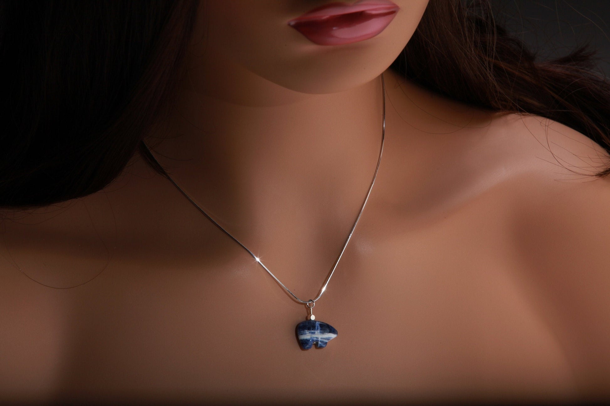 Sodalite Zuni Bear Earrings Necklace, Natural Brazilian Sodalite Zuni Bear Gemstone Necklace and Earrings Set Vintage Sterling Silver 16"