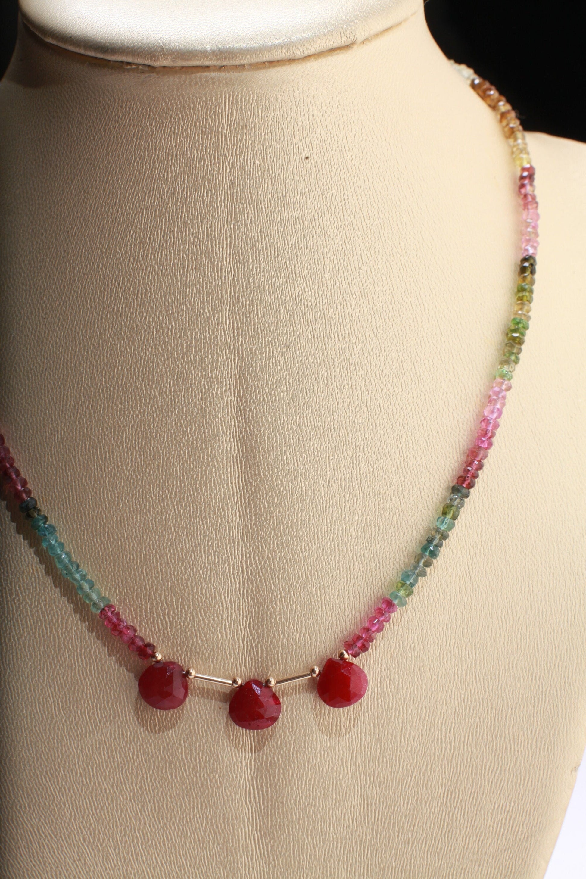 Ruby Tourmaline Necklace, Faceted Ruby Heart Teardrop, Stunning Tourmaline in Liquid 14K Gold Filled Tube Spacer Beads Clasp Lucky Necklace