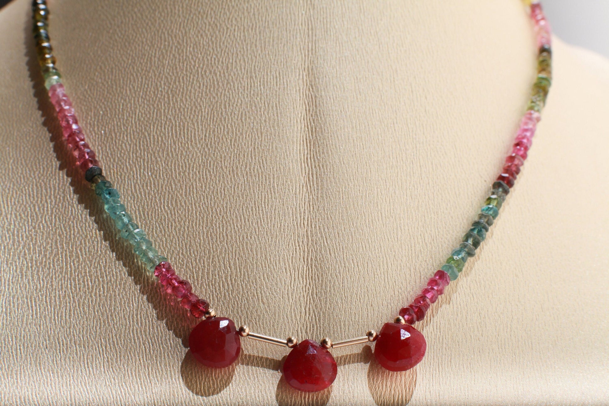Ruby Tourmaline Necklace, Faceted Ruby Heart Teardrop, Stunning Tourmaline in Liquid 14K Gold Filled Tube Spacer Beads Clasp Lucky Necklace