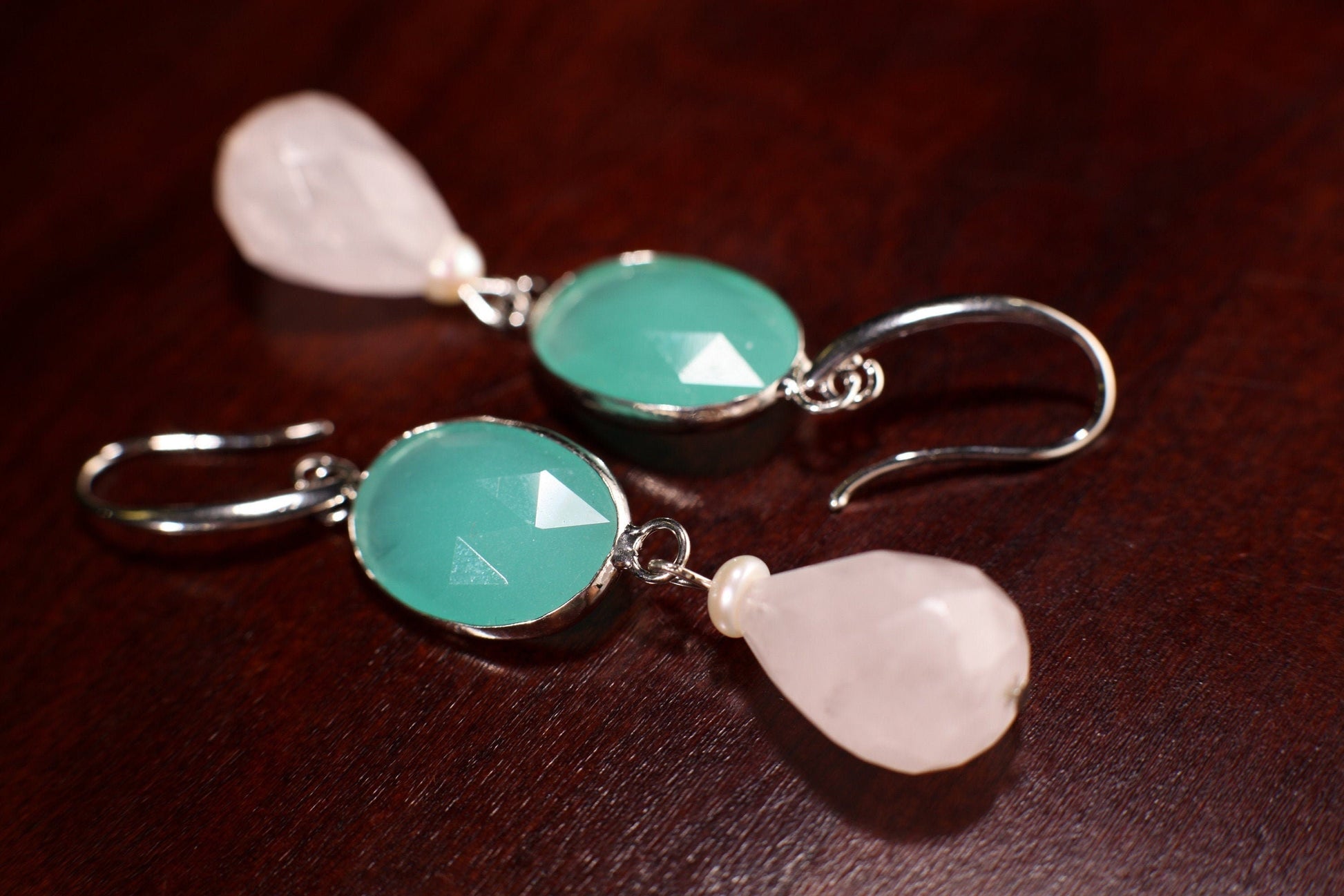 Chalcedony Faceted Oval Bezel, Dangling Madagascar Rose Quartz Faceted Teardrop 12x18mm, Freshwater Pearl. Rhodium Silver Earrings