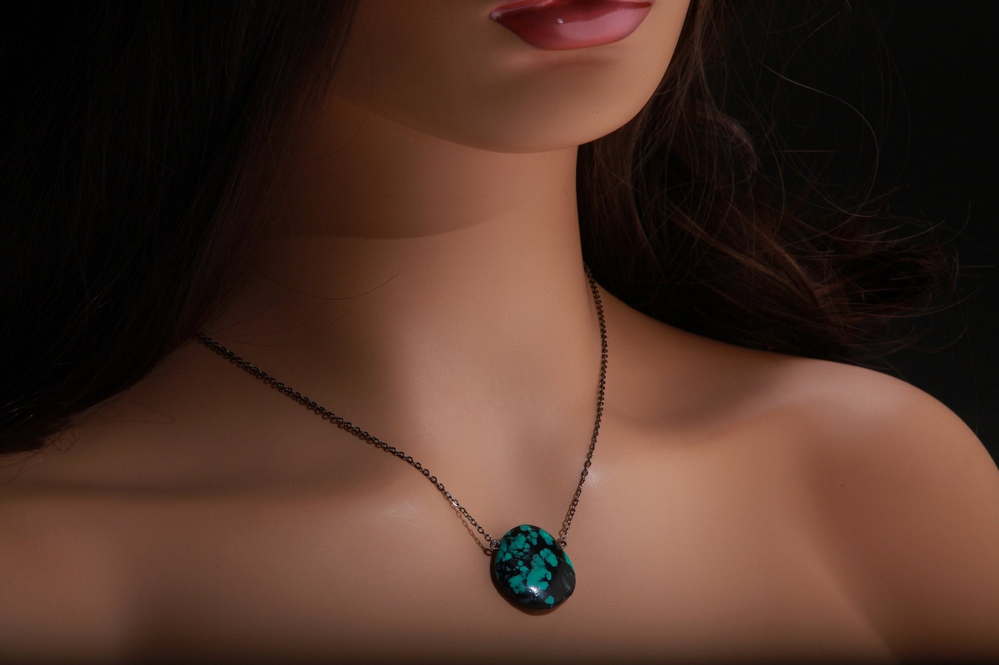 Genuine Tibetan Spiderweb Turquoise Double Sided Free Form Oval Pendant in Oxidized Silver Cable Chain 18.5" +2" Extension, Gift For Her