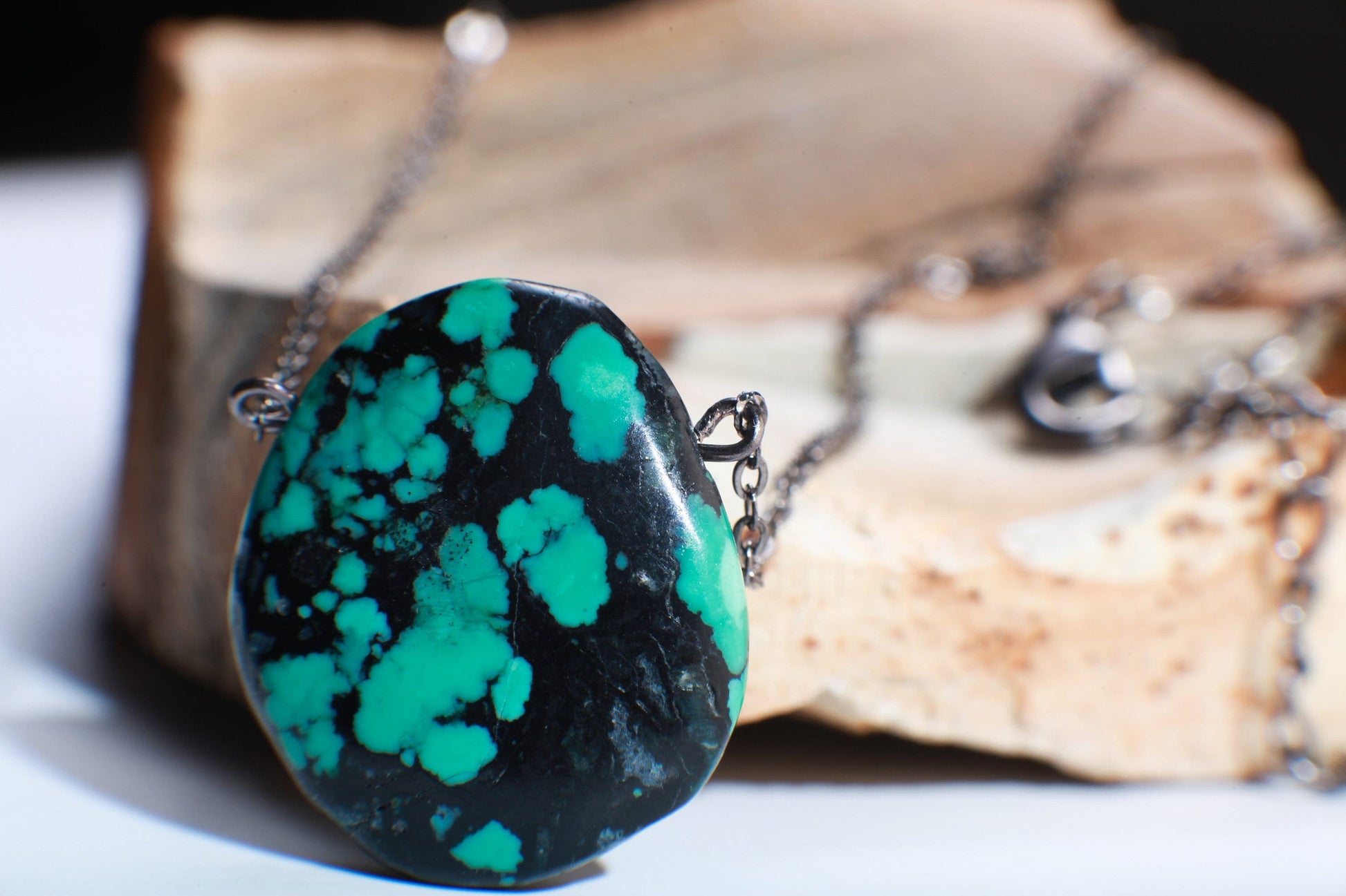 Genuine Tibetan Spiderweb Turquoise Double Sided Free Form Oval Pendant in Oxidized Silver Cable Chain 18.5" +2" Extension, Gift For Her