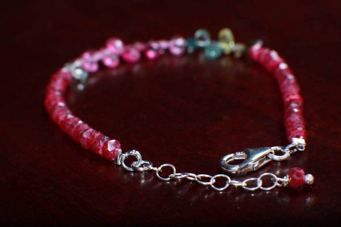 Tourmaline Bracelet AAA Faceted Briolette Teardrop & Genuine Ruby Faceted Rondelle Bracelet in 925 Sterling Silver Chain,Clasp, Gift for her