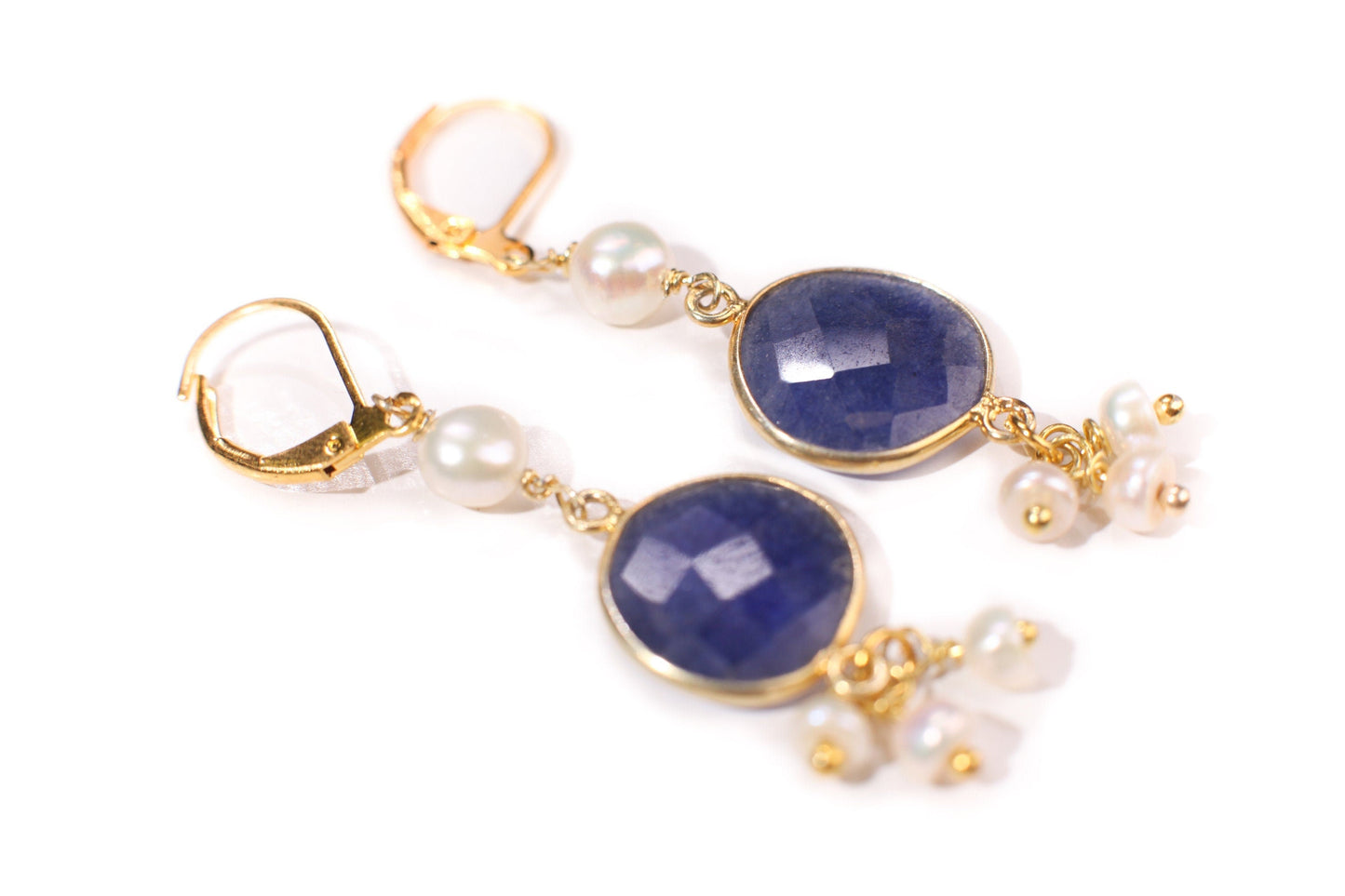 Genuine Blue Sapphire Free Form Gold Bezel with Fresh Water Pearl Clusters Earrings in Gold Ear Wire, Valentine, Bridesmaid, Gift for her