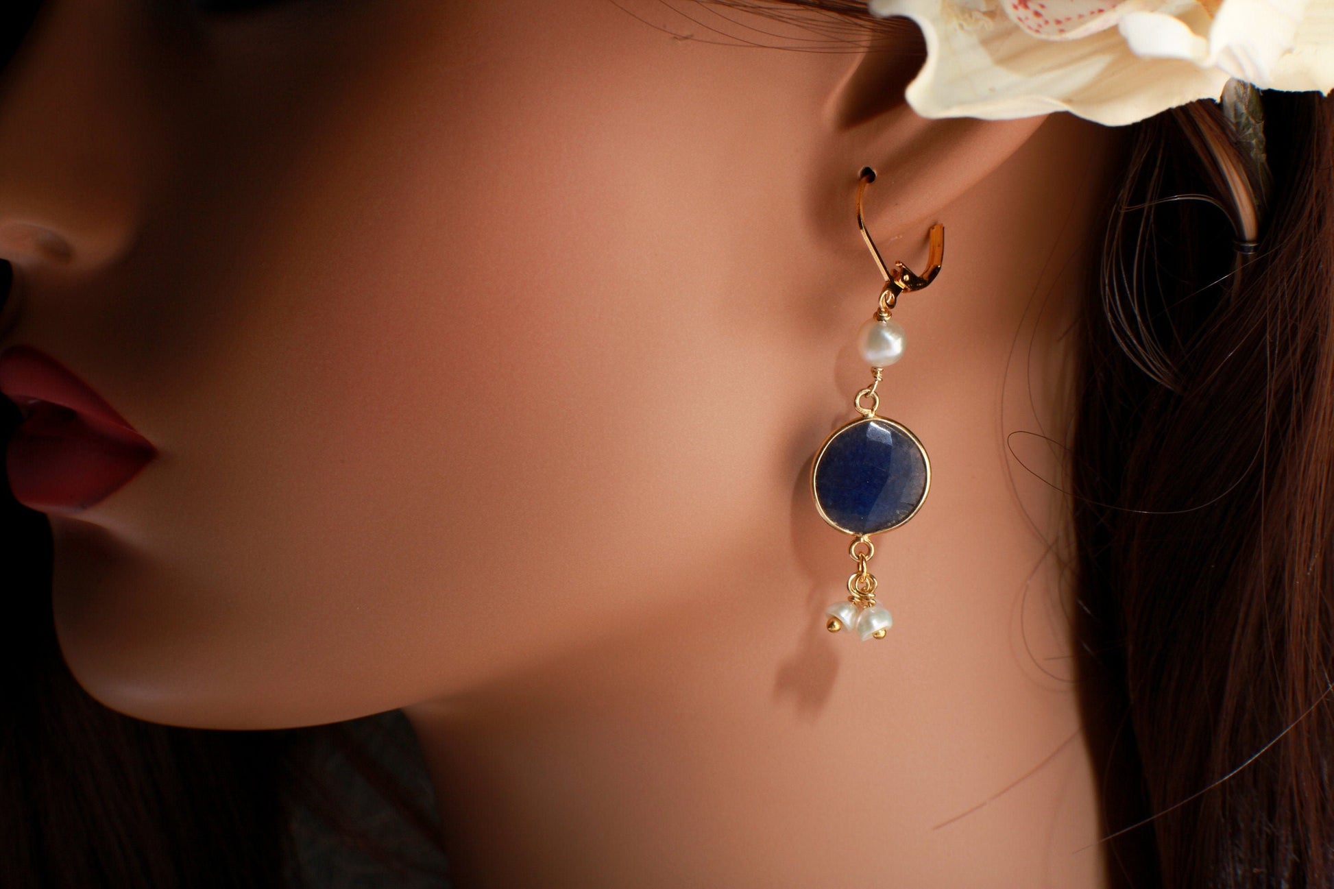 Genuine Blue Sapphire Free Form Gold Bezel with Fresh Water Pearl Clusters Earrings in Gold Ear Wire, Valentine, Bridesmaid, Gift for her