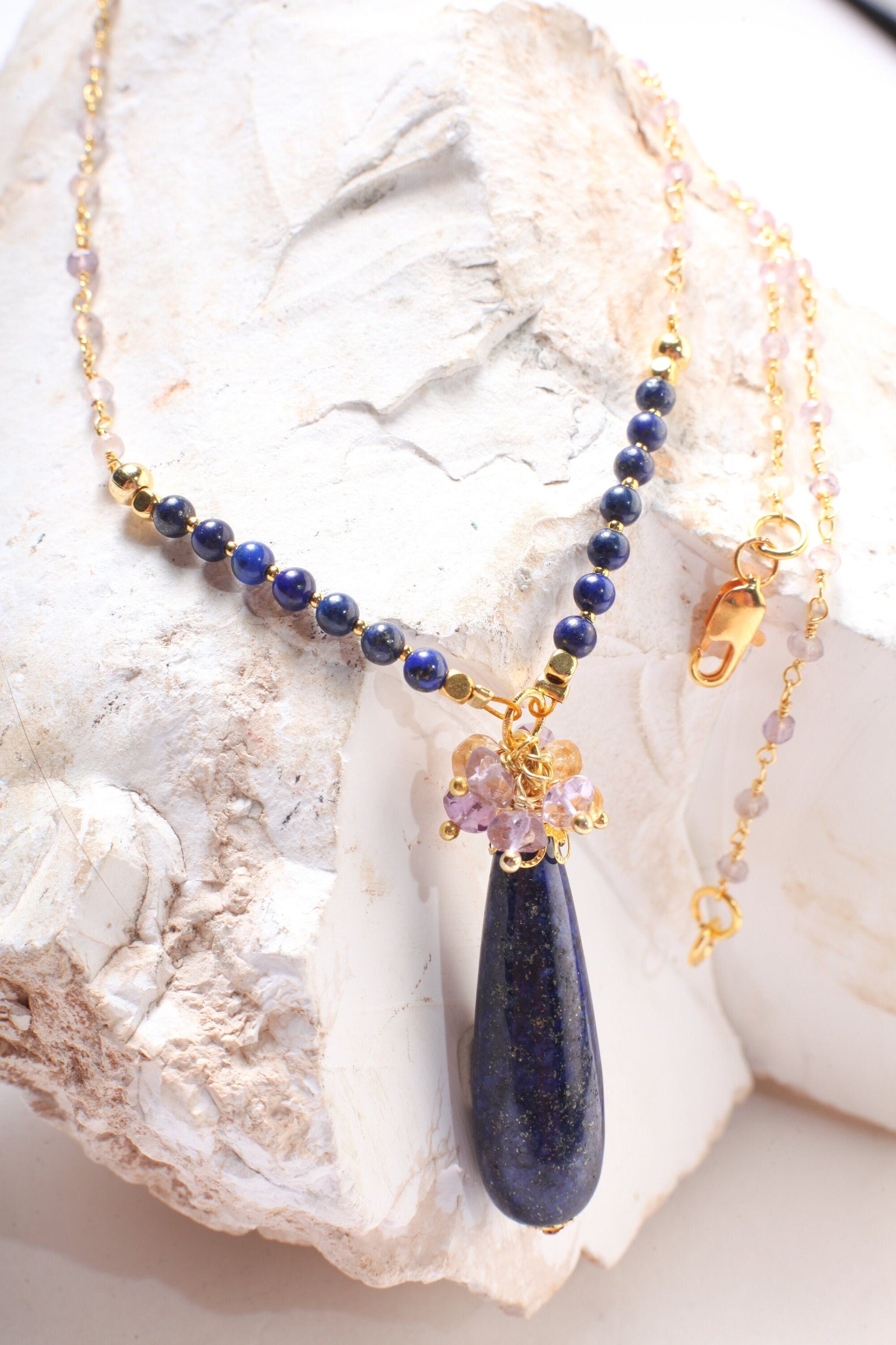 Genuine Lapis Lazuli Long Briolette Drop 12x39mm Pendant with Amethyst,Citrine Wire Wrapped Cluster,4mm Lapis, Ametrine beaded Chain 21&quot;