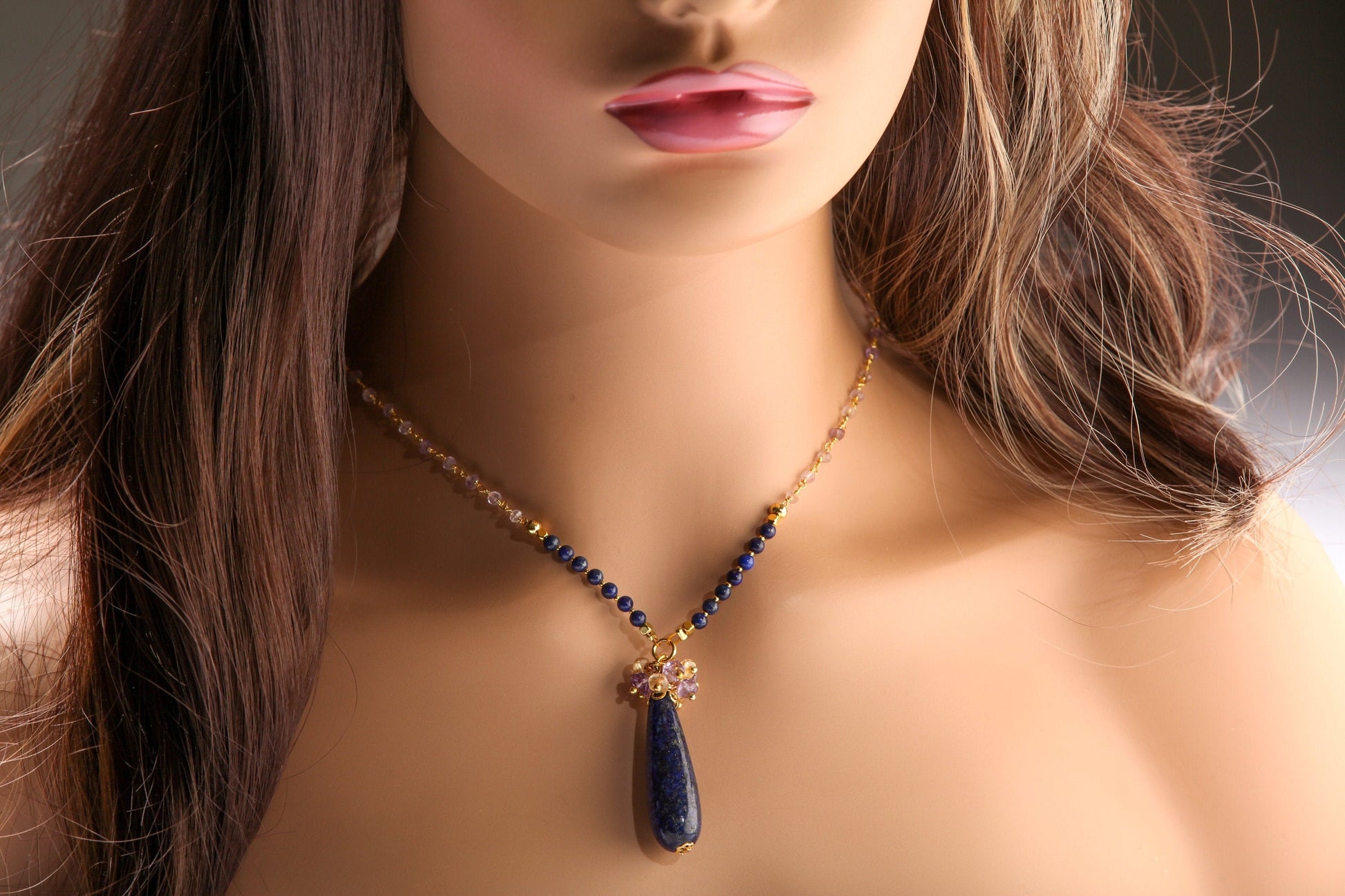 Genuine Lapis Lazuli Long Briolette Drop 12x39mm Pendant with Amethyst,Citrine Wire Wrapped Cluster,4mm Lapis, Ametrine beaded Chain 21&quot;