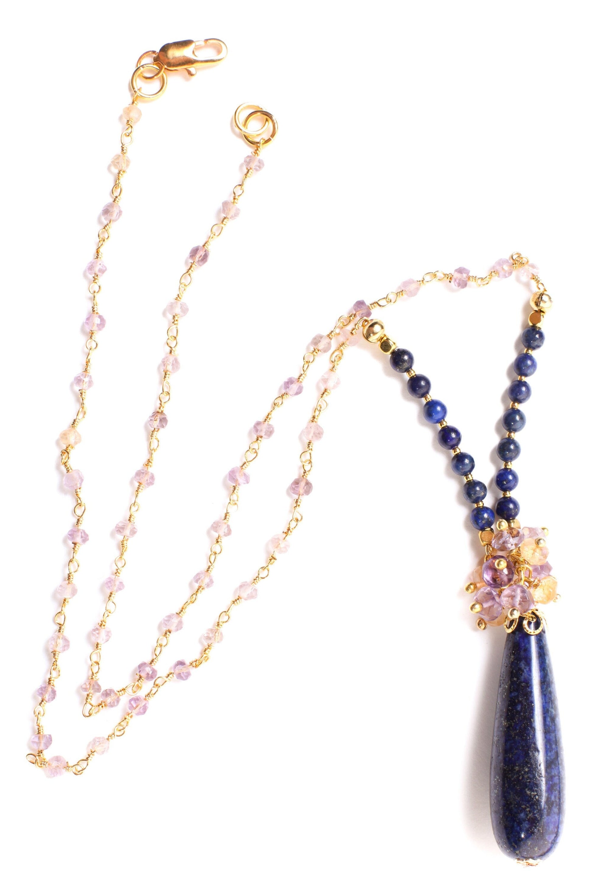 Genuine Lapis Lazuli Long Briolette Drop 12x39mm Pendant with Amethyst,Citrine Wire Wrapped Cluster,4mm Lapis, Ametrine beaded Chain 21&quot;