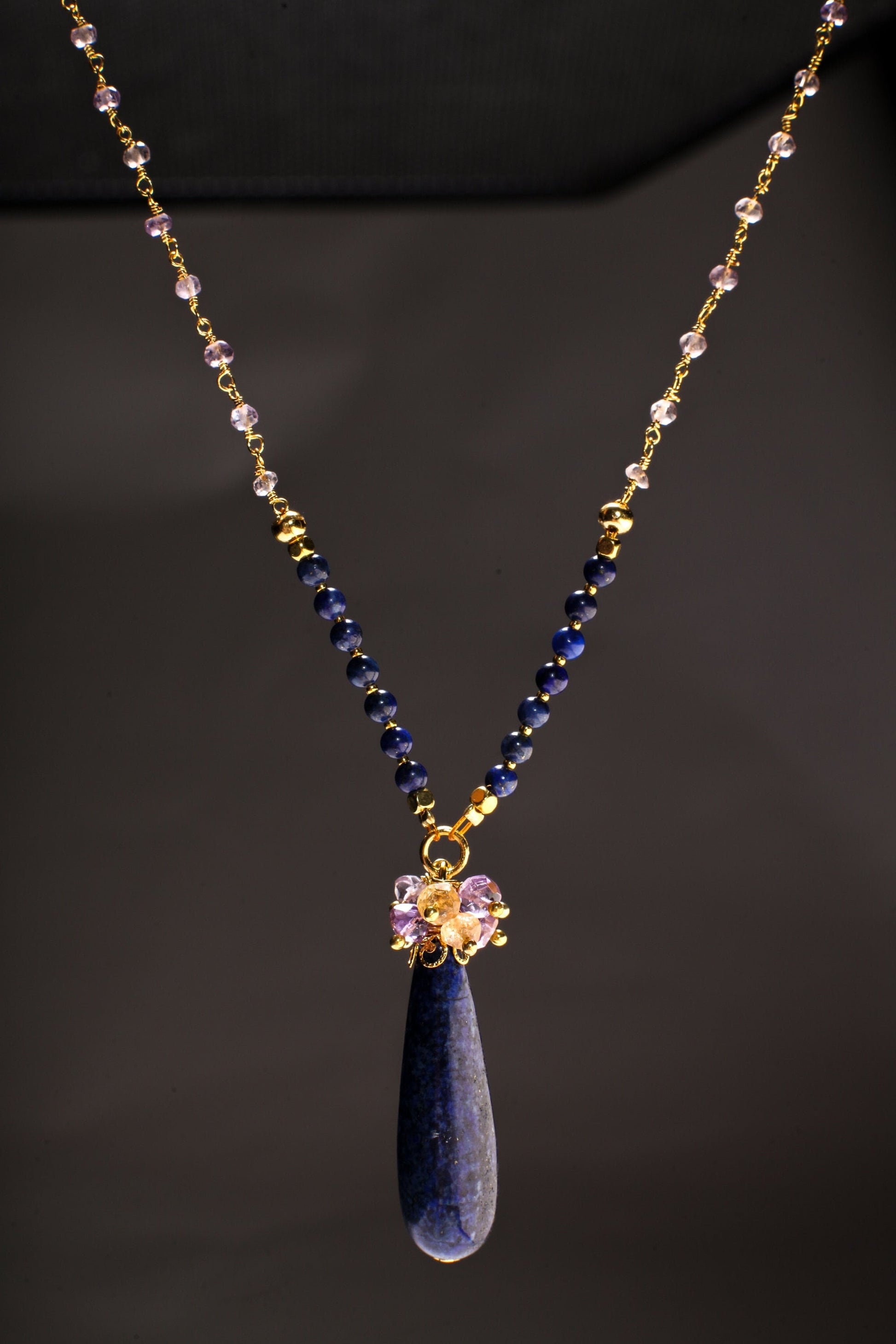 Genuine Lapis Lazuli Long Briolette Drop 12x39mm Pendant with Amethyst,Citrine Wire Wrapped Cluster,4mm Lapis, Ametrine beaded Chain 21&quot;