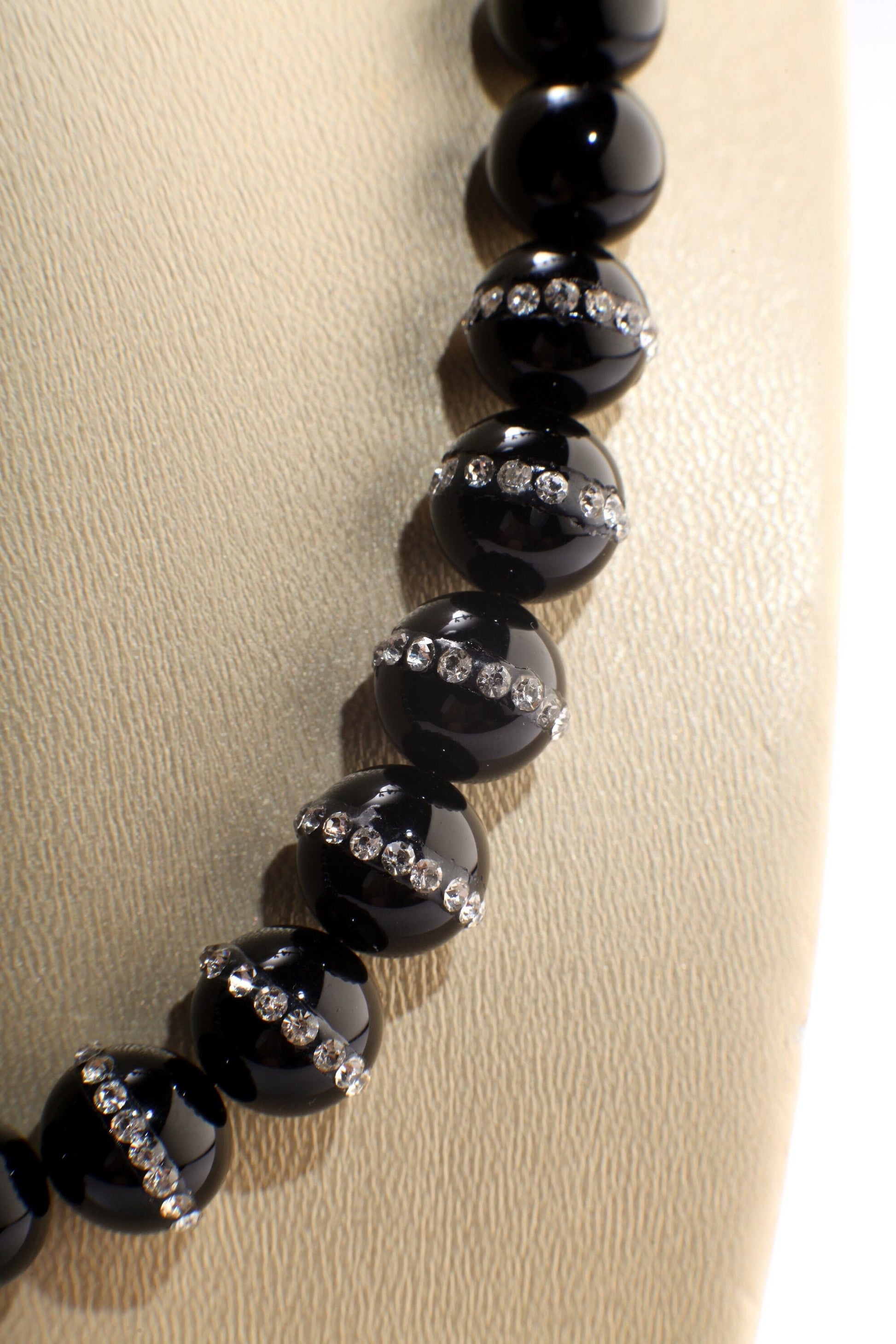 Black Onyx with 12mm Rhinestone Inlaid Onyx Round Beads Necklace with Magnetic Ball Clasp