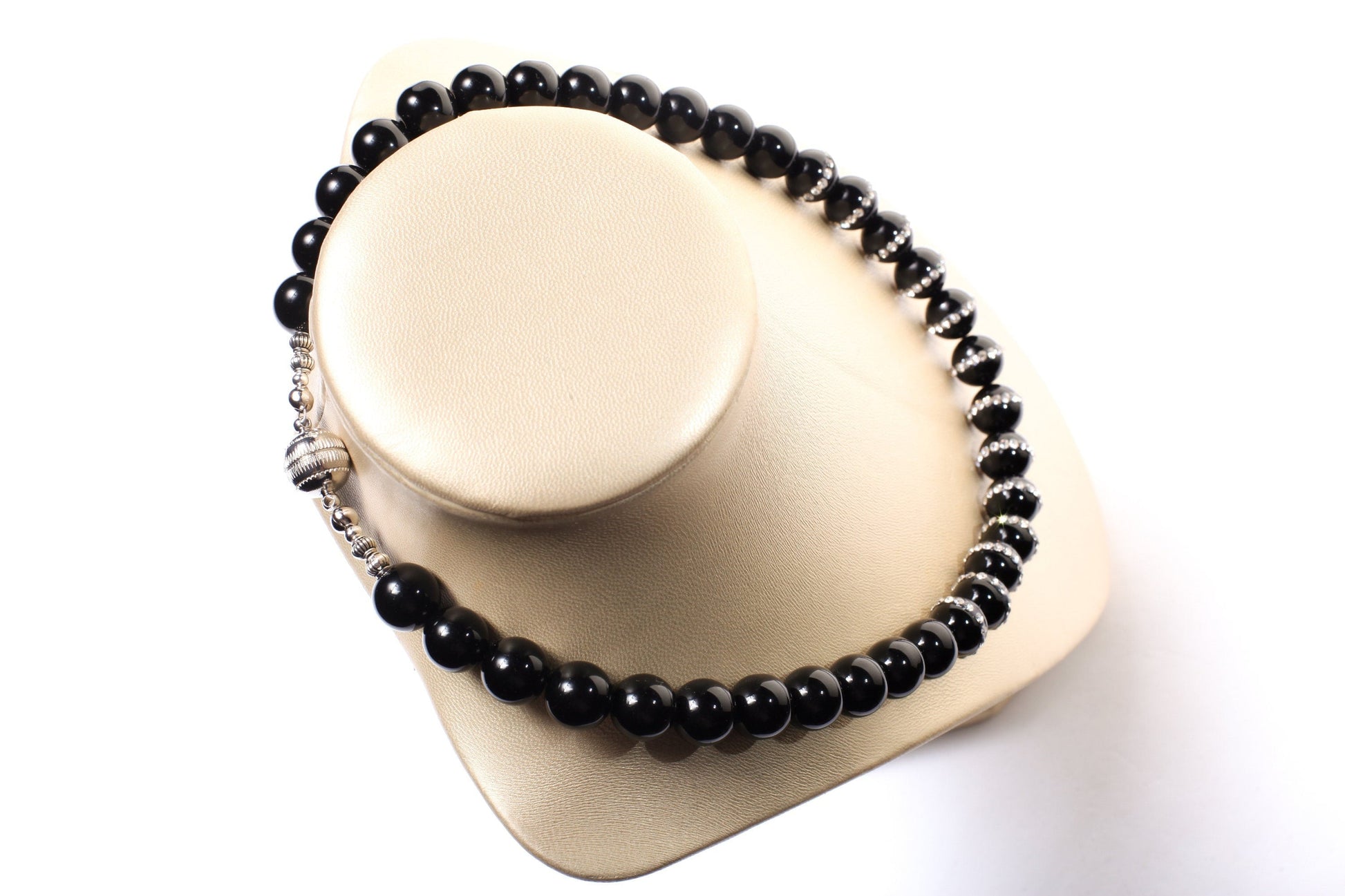 Black Onyx with 12mm Rhinestone Inlaid Onyx Round Beads Necklace with Magnetic Ball Clasp