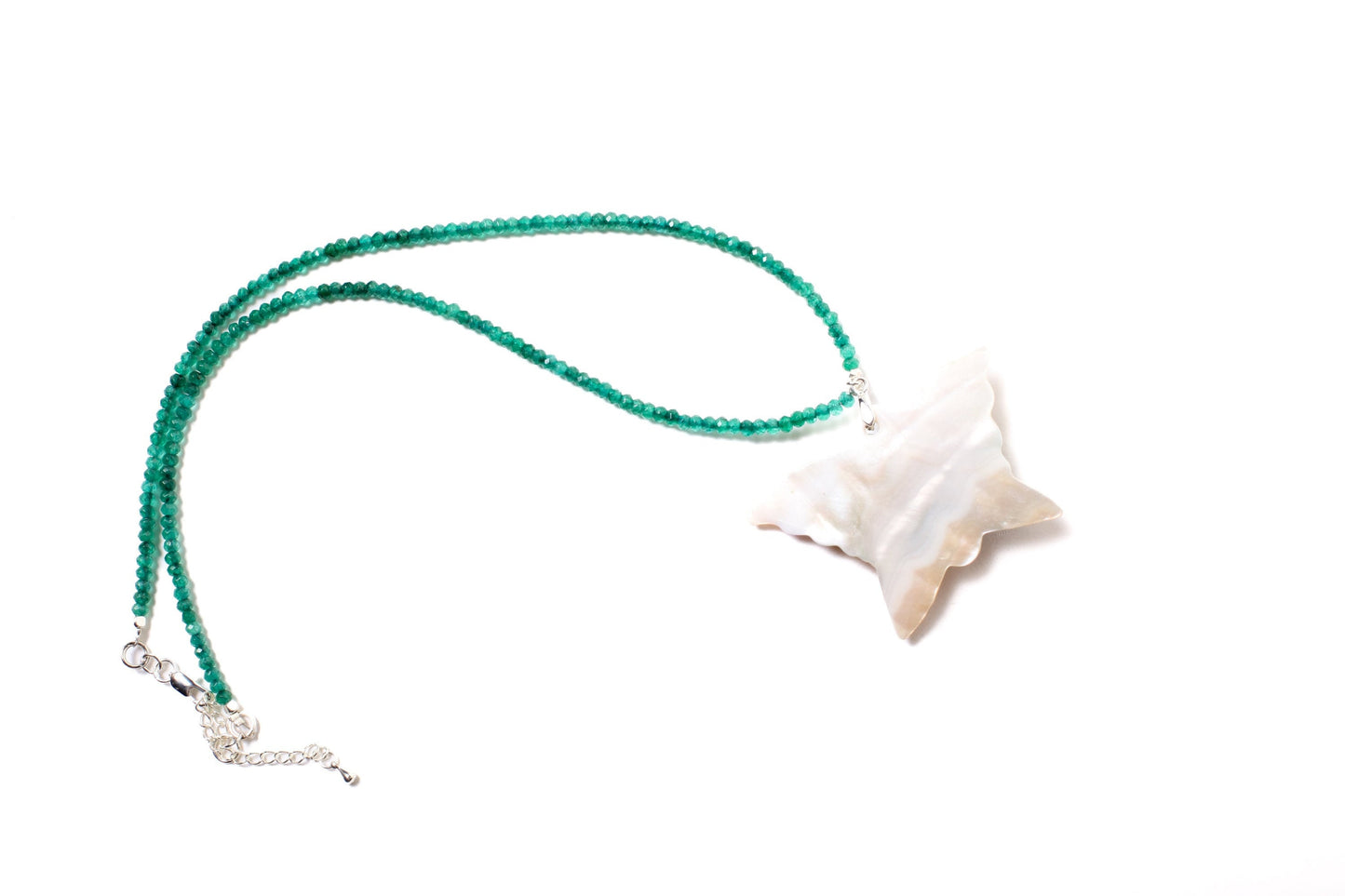 Green Onyx Rondelle Necklace with Natural Shell Mother of Pearl Butterfly Handcrafted Green Agate Flowers, Vintage, Gift 18&quot; Necklace