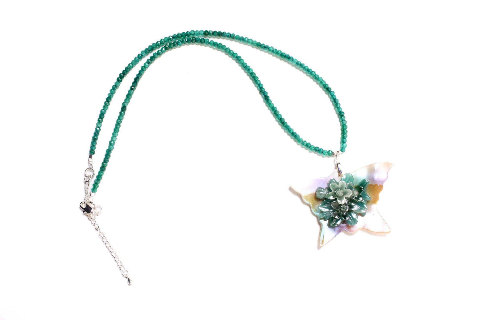 Green Onyx Rondelle Necklace with Natural Shell Mother of Pearl Butterfly Handcrafted Green Agate Flowers, Vintage, Gift 18" Necklace