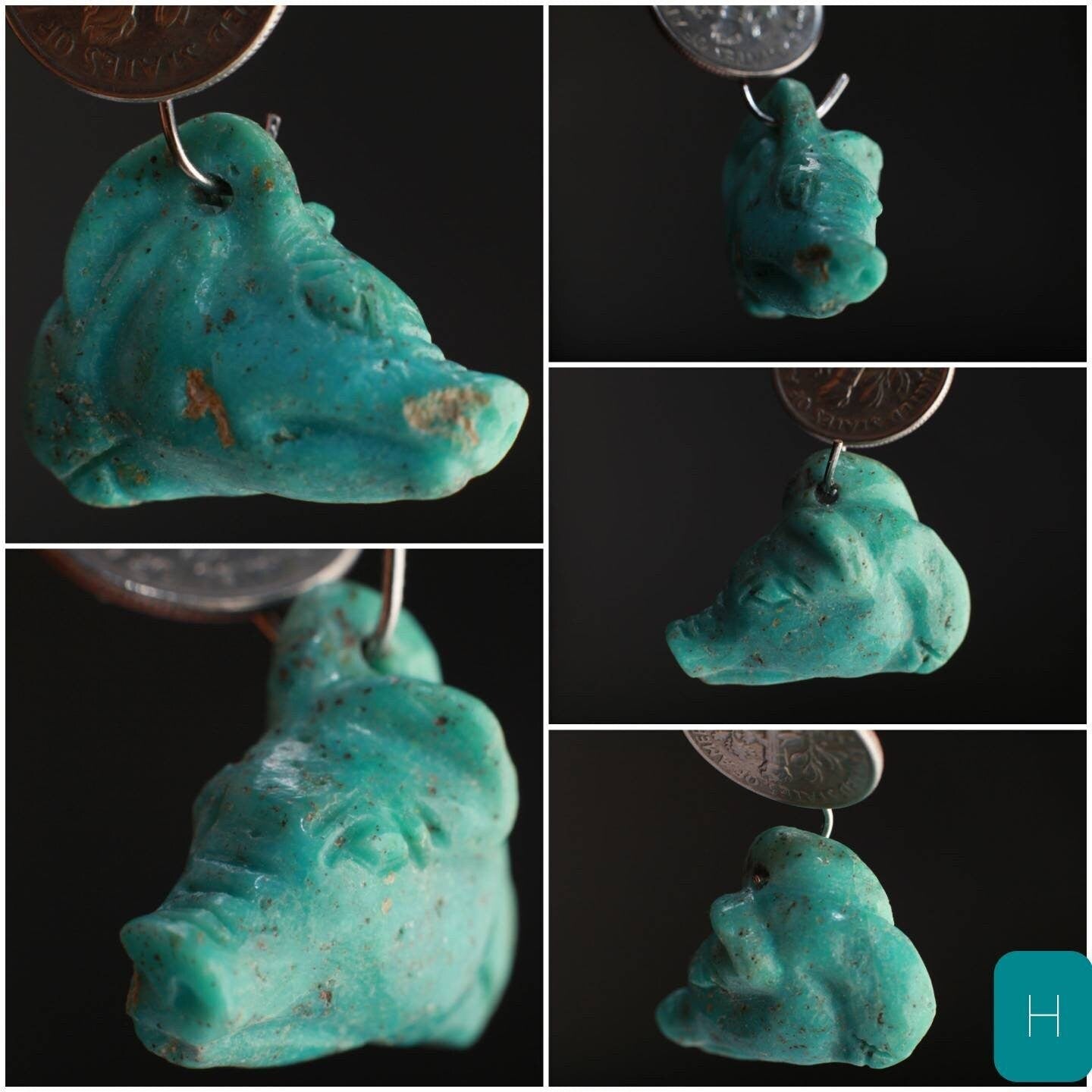 Natural Turquoise Hand Crafted Anubis Egyptian God Dog Totem, pendant Top Drilled Miniature Collectible Figurine Vintage Sculpture Old Stock