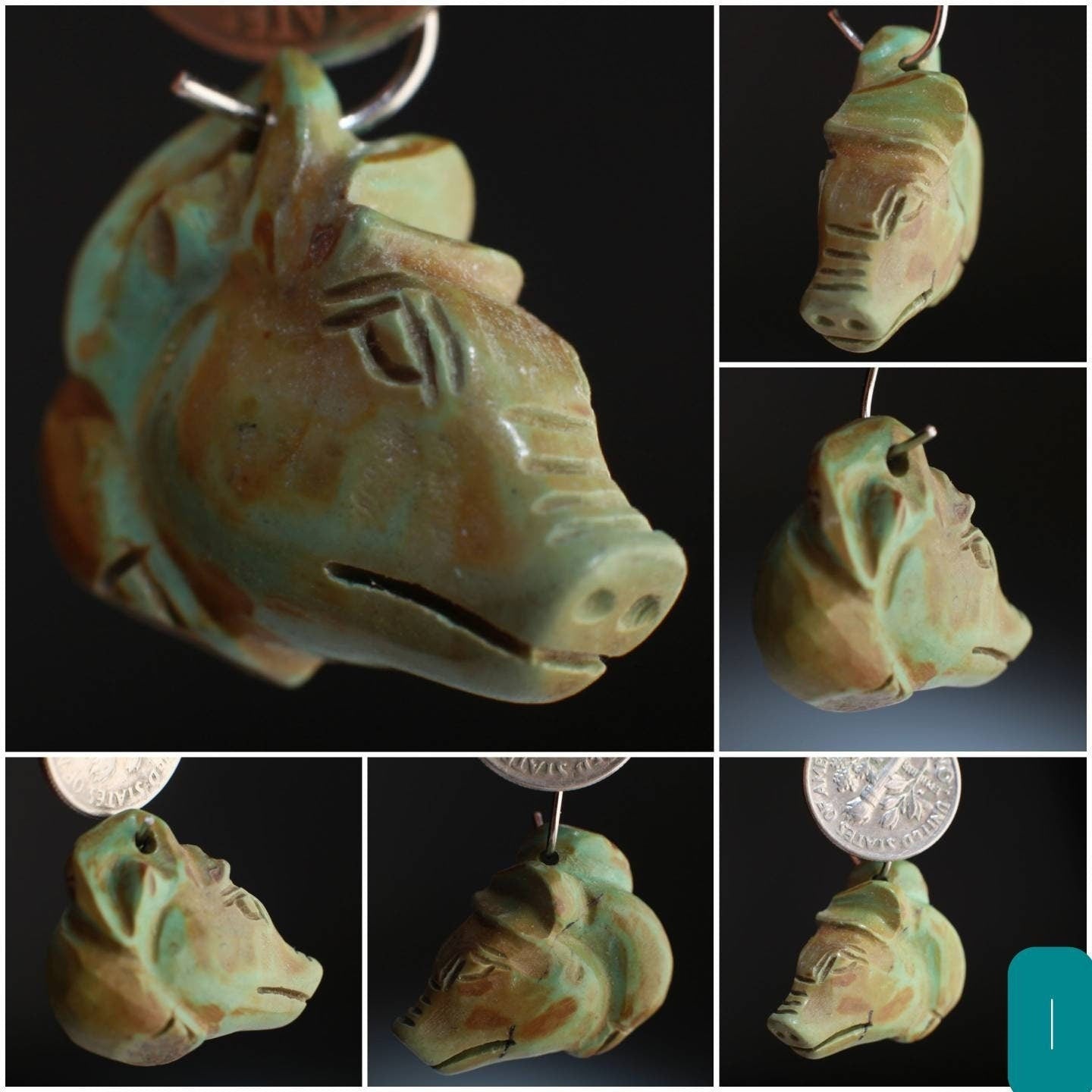 Natural Turquoise Hand Crafted Anubis Egyptian God Dog Totem, pendant Top Drilled Miniature Collectible Figurine Vintage Sculpture Old Stock