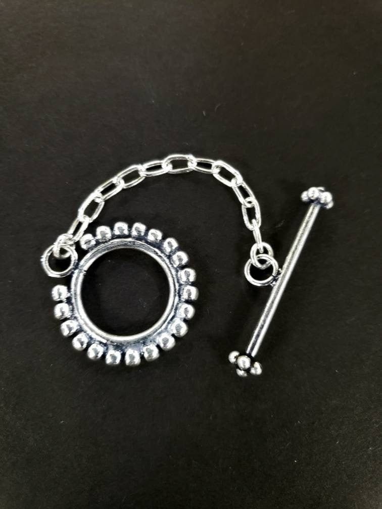 925 sterling silver Bali 22mm fancy toggle clasp, 2" adjustable chain, handmade vintage, heavy weight clasp for jewelry making, 1 set