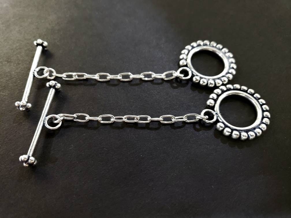 925 sterling silver Bali 22mm fancy toggle clasp, 2&quot; adjustable chain, handmade vintage, heavy weight clasp for jewelry making, 1 set