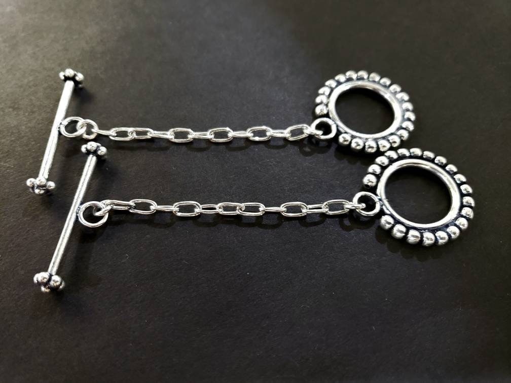 925 sterling silver Bali 22mm fancy toggle clasp, 2" adjustable chain, handmade vintage, heavy weight clasp for jewelry making, 1 set
